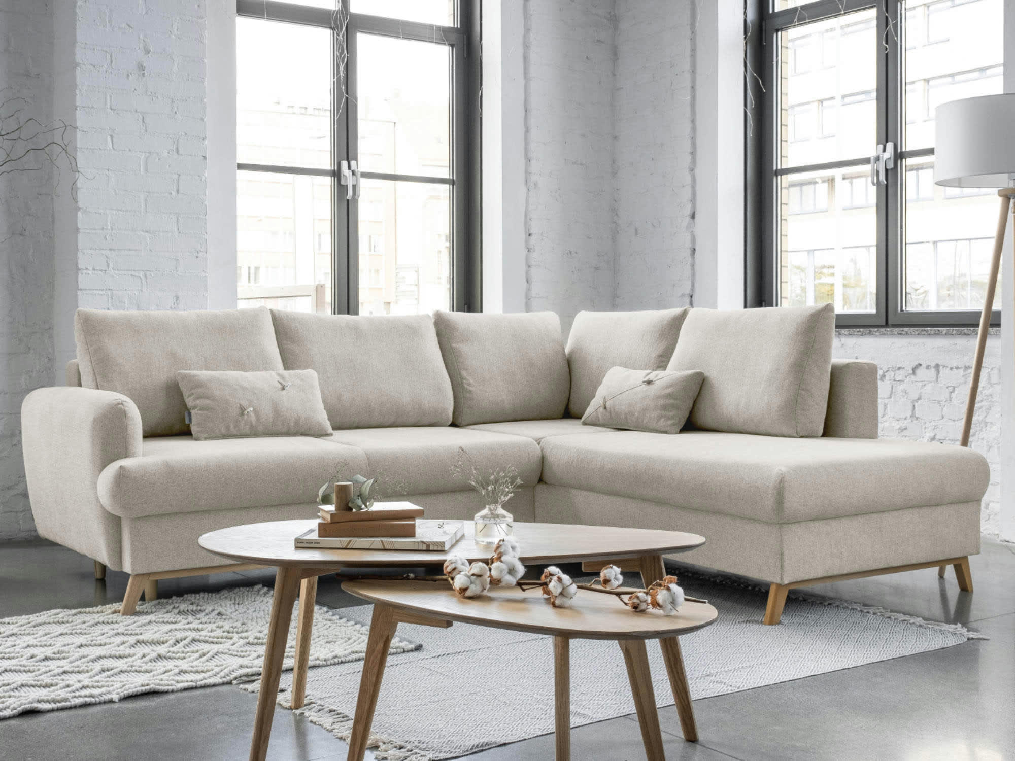 LAGOM - Canapé d'angle droit convertible 5 places en tissu beige