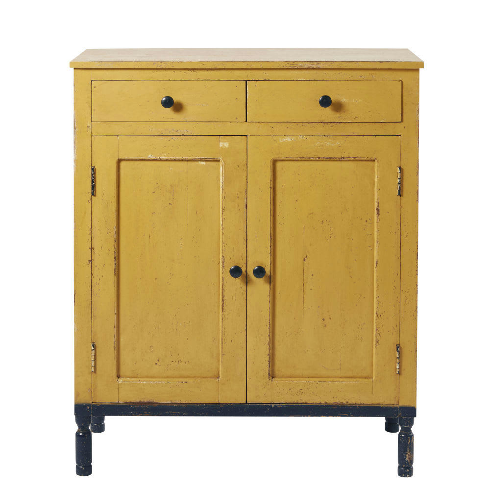 Tiago - Buffet haut 2 portes 2 tiroirs en manguier massif jaune et noir