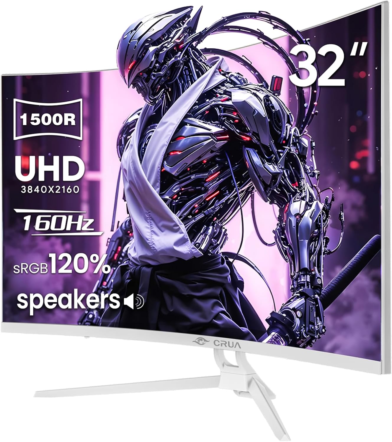 CRUA 32 Curved Gaming Monitor  144Hz/160Hz 4K UHD(3840 * 2160P) 1500R VA Screen  Supports AMD Freesync  120% sRGB  Built-in Speakers  RGB Lighting  Wall Mountable Installs(HDMI 2.1/DP 1.4)-White