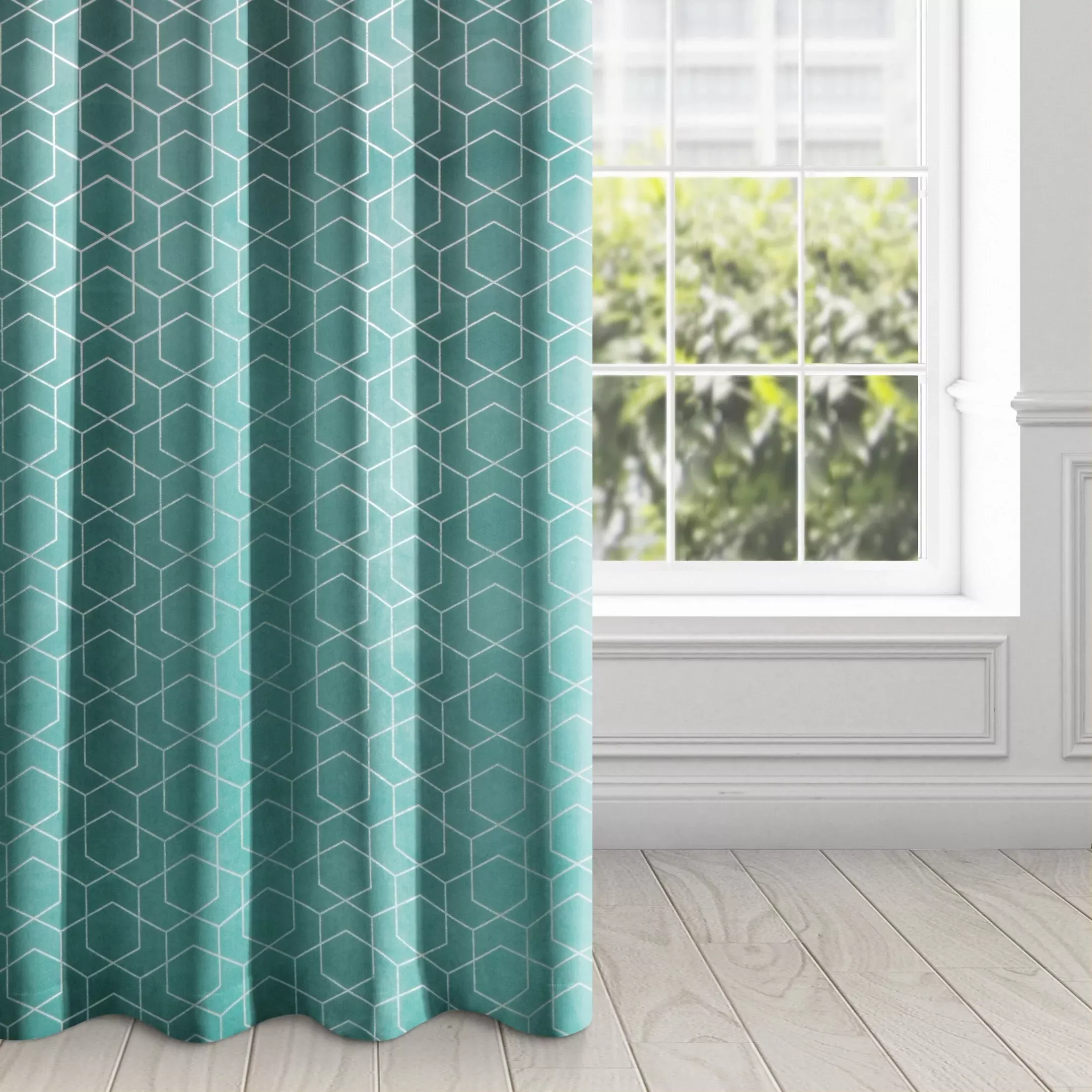 Zasłona welwetowa turkusowa ze srebrnym wzorem 135x250 cm przelotka - MANDI