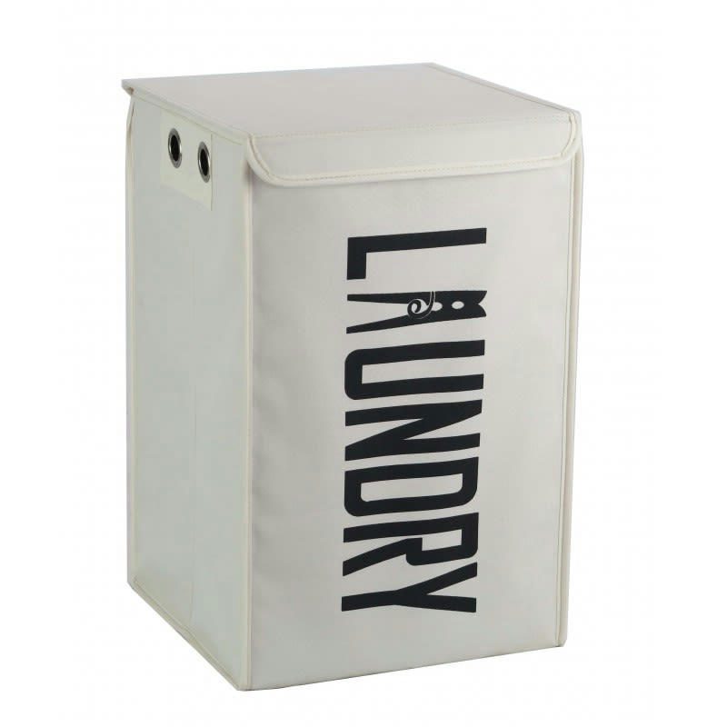 BASKET - Panier à linge pliant carré en tissu blanc cassé avec couvercle