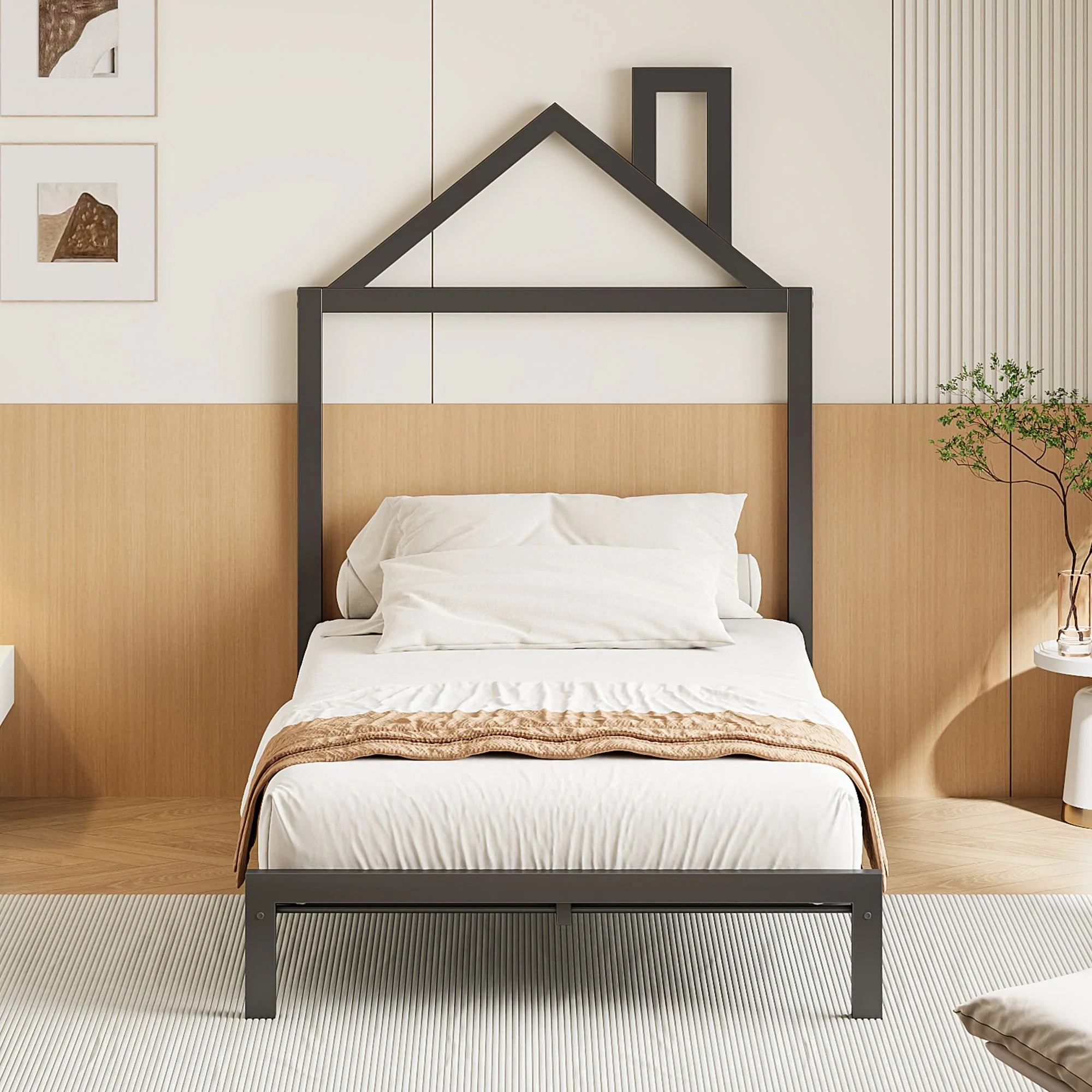 Charming House-Style Twin Bed, Sturdy Metal Construction with Unique Headboard