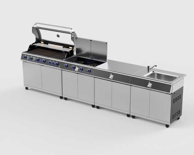 Beefmaster Deluxe 6 Burner Outdoor Kitchen with Range, Sink & Bench on Deluxe Carts