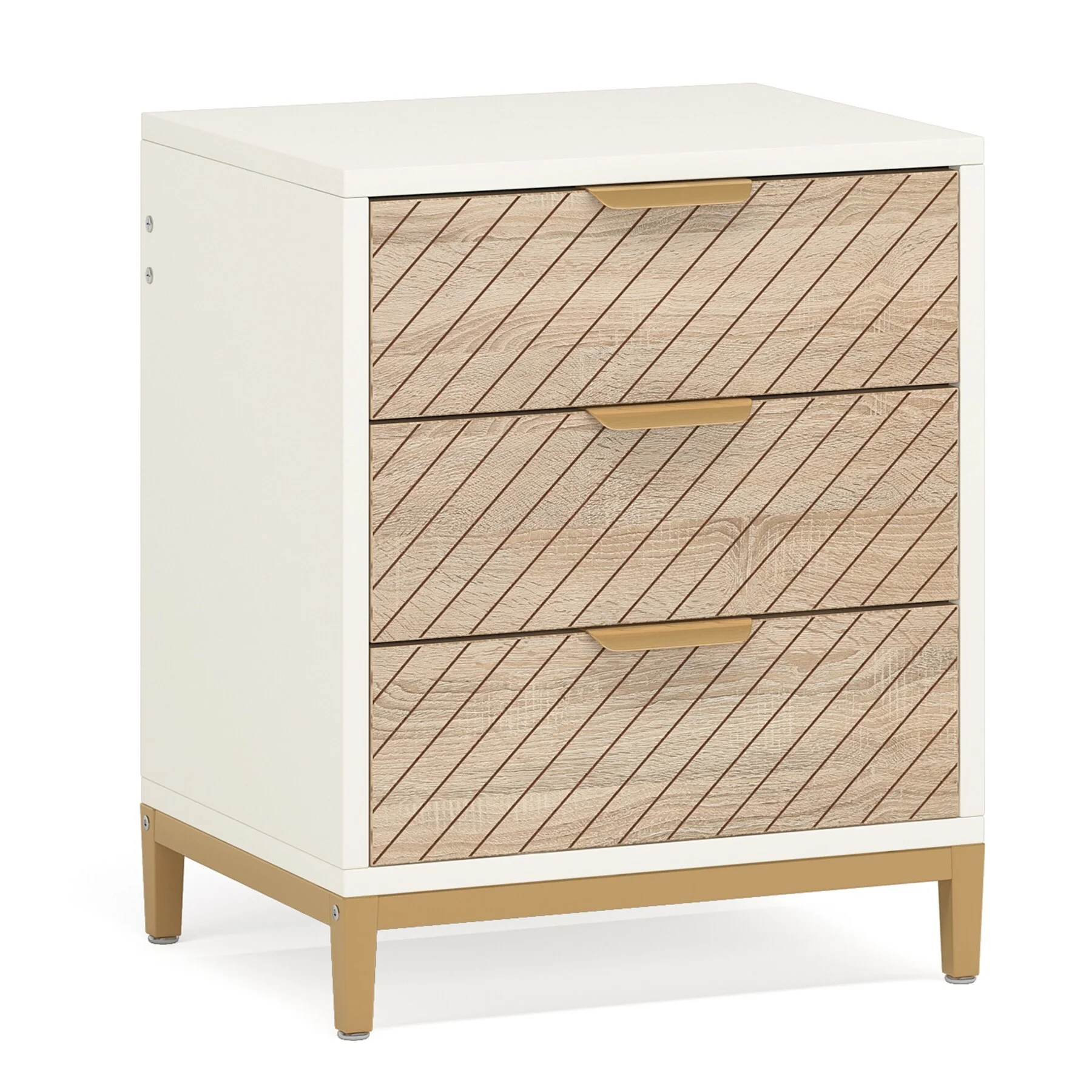 Night Stands for Bedrooms, 3 Drawers White and Gold Light Wood Grain Nightstands Bedside Table