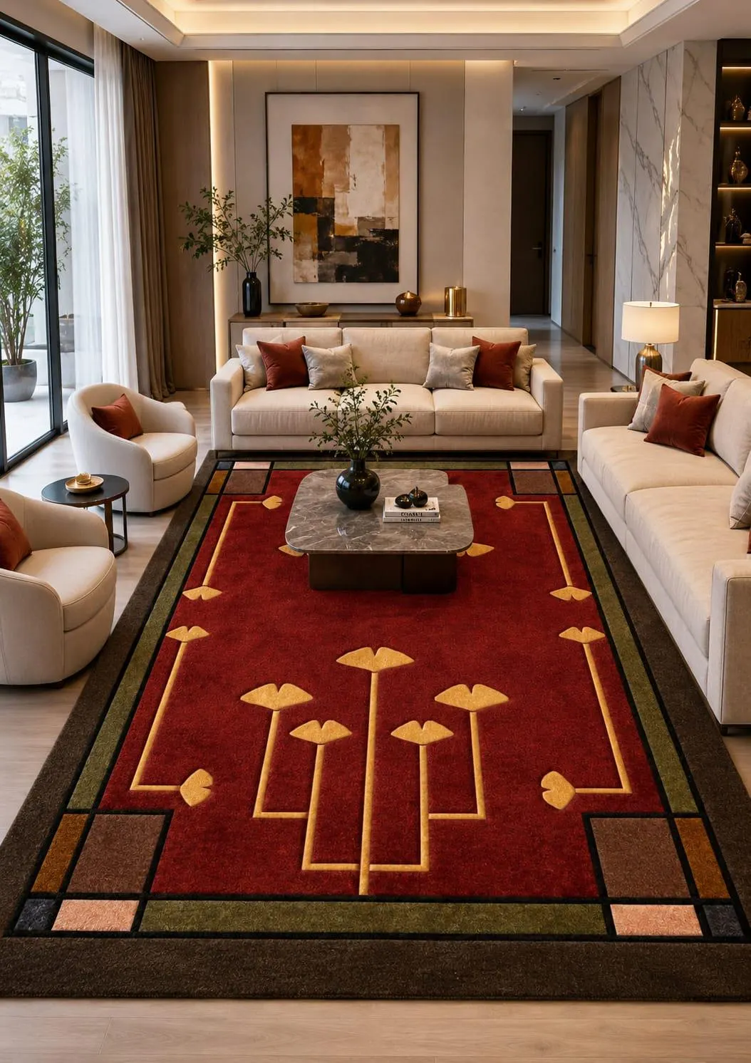 Burgundy Art Deco Luxury Rug, Geometric Handmade Tufted Rug, Modern Vintage Living Room Carpet, 5x8, 8x10, 9x12