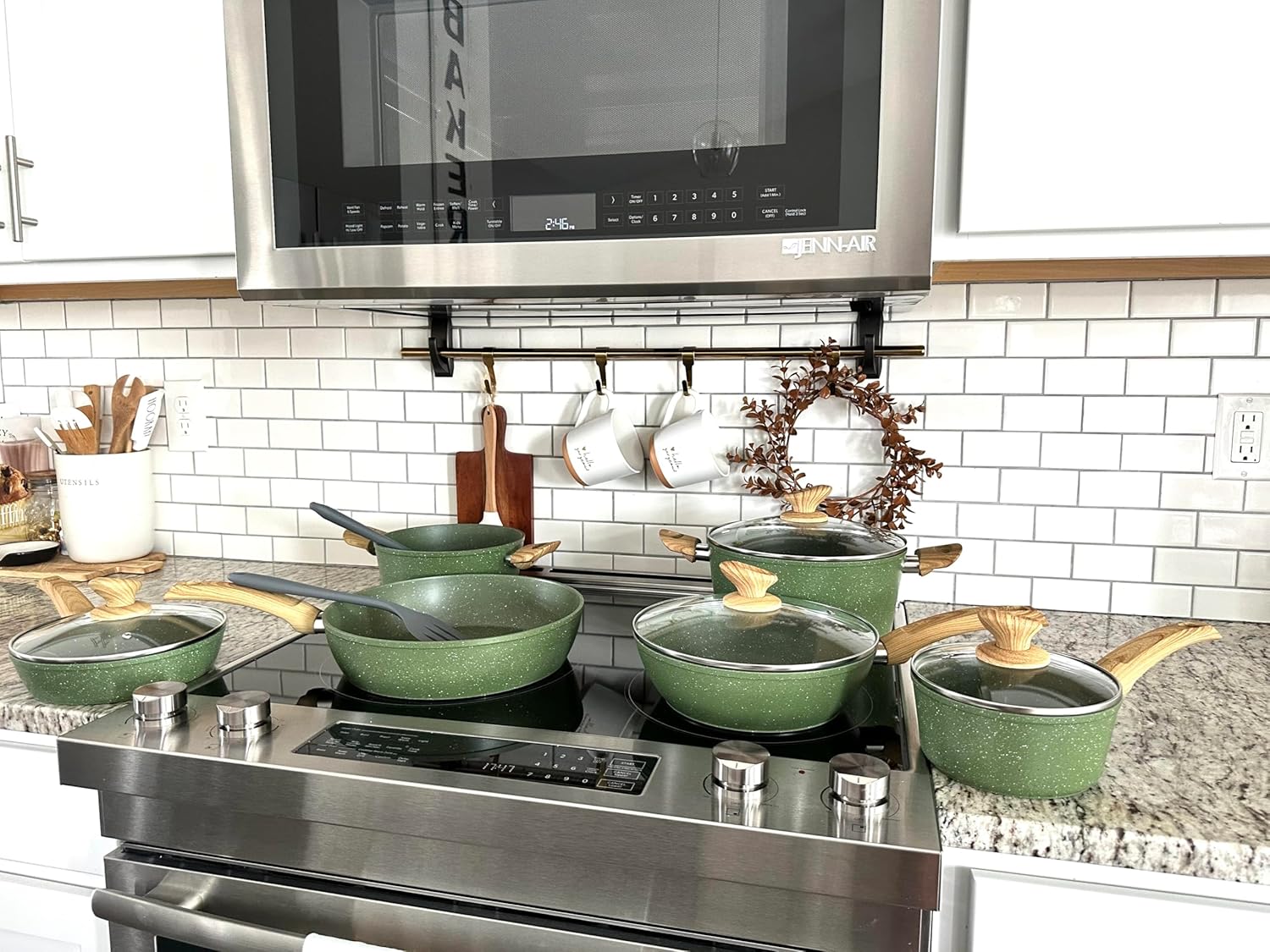 MAISON ARTS Pots and Pans Set Non Stick, 12 Piece Green Granite Kitchen Cookware Induction Compatible, Cooking Sets Pots and Pans Nonstick