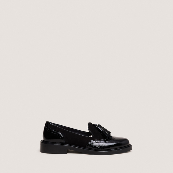 Mocassins à pampillesen cuir brillant noir et velours noir | DARTHUR