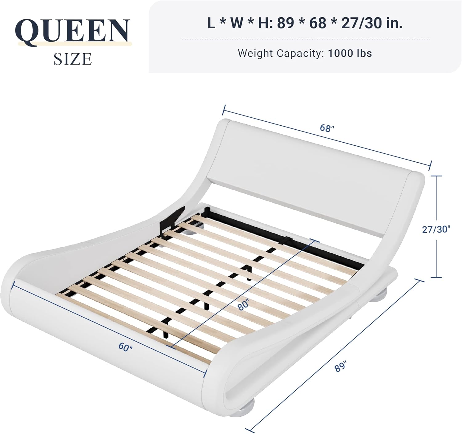 Allewie Queen Size Upholstered Platform Bed Frame with Ergonomic & Adjustable Headboard, Modern Low Profile Sleigh Design - Easy Assembly, No Box Spring Needed, White