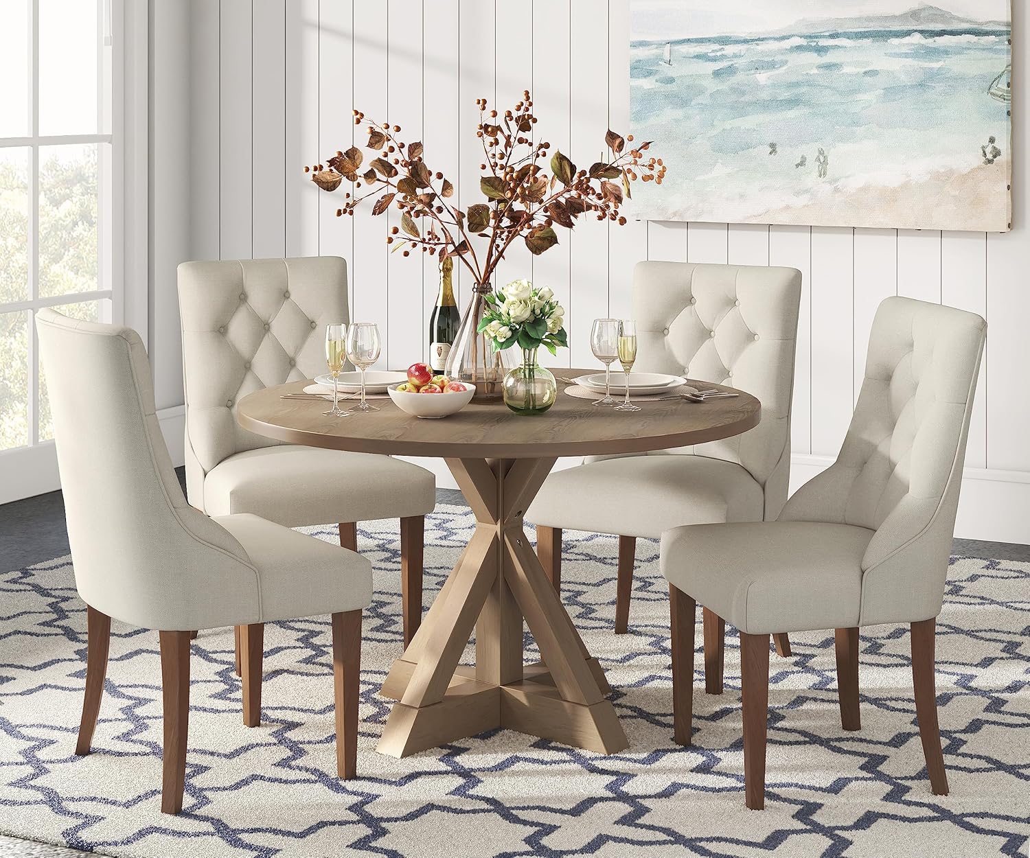 Alfred Solid Wood Round Dining Table for 4, Farmhouse Kitchen and Dining Room Table with Rustic Pedestal Trestle Base, 46.5 Inch, Distressed Beige