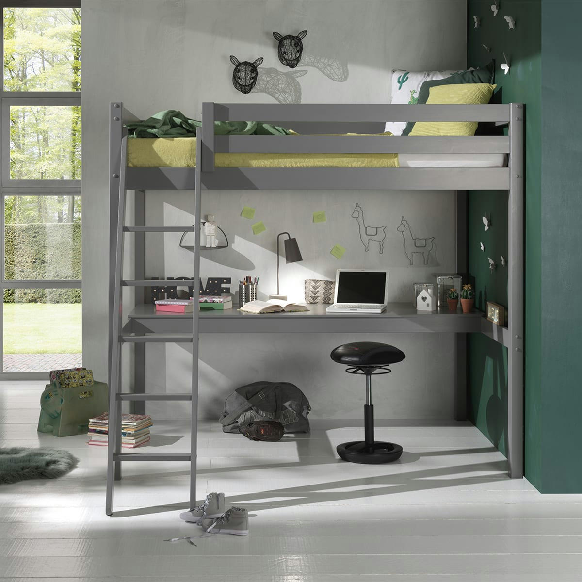 PINO - Lit mezzanine 140x200 sommier inclus bureau gris