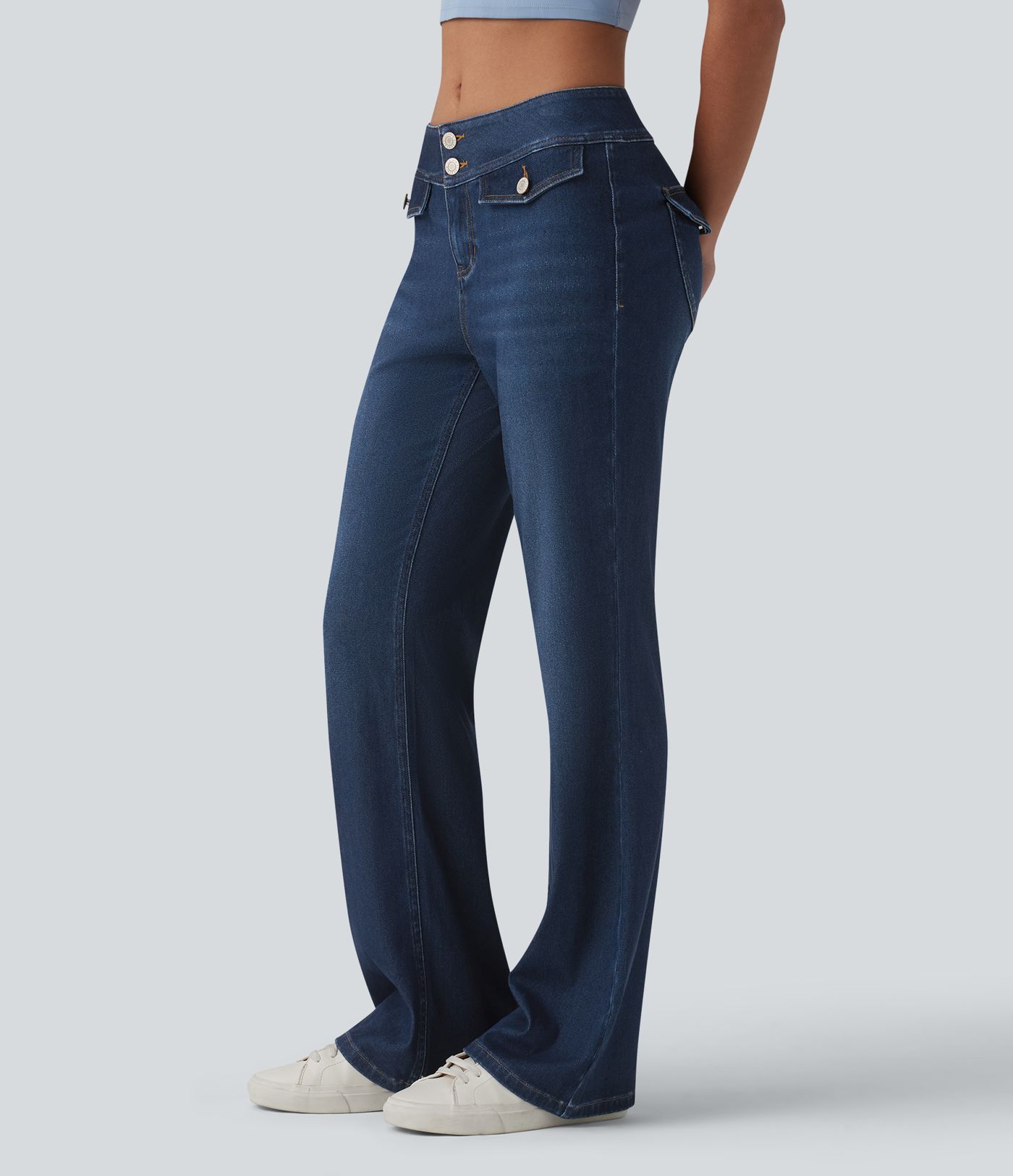 Halara Flex™ Jean évasé casual taille basse en lyocell drapé effet délavé, avec poches