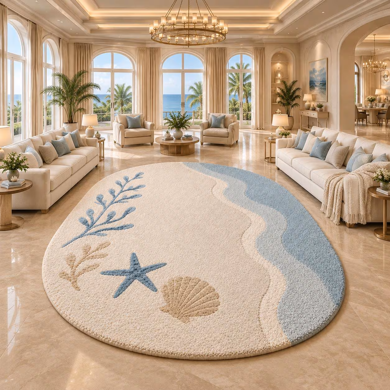 Coastal Ocean Hand Tufted Oval Rug, Seaside Area Decor, Bedroom Living Room Gift