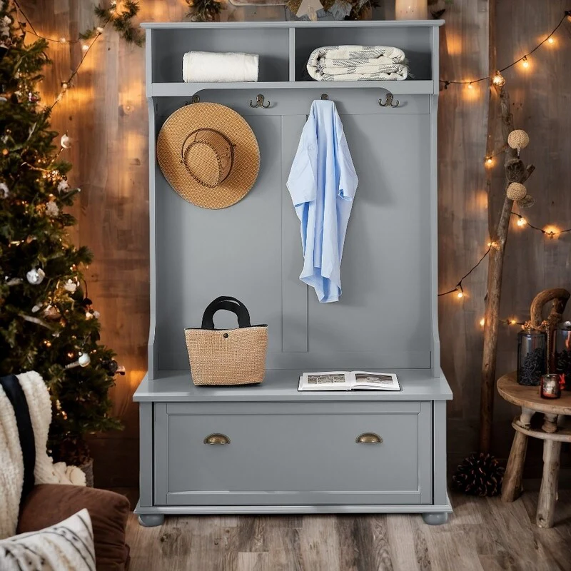 Classic Style Hall Tree Entryway Bench with Open Shelves and Shoe Cabinets, Solid Wood Feet Benches for Hallway, Grey