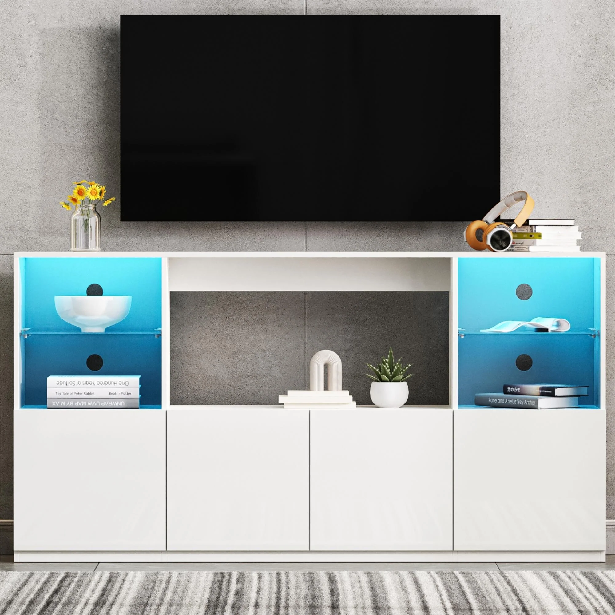 67 TV Stand with LED, Large Cabinet & Tempered Glass Shelves for TVs Up to 75