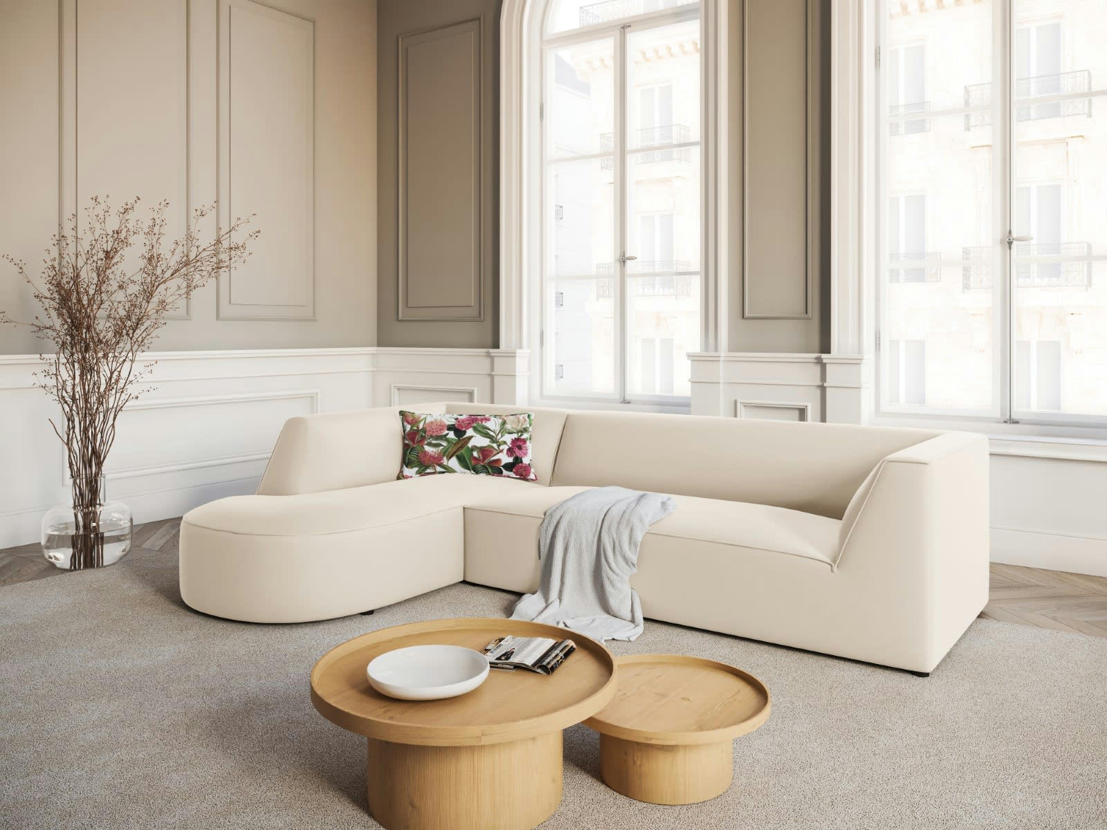 CHARLES - Canapé D'Angle Gauche 4 places en Velours Beige