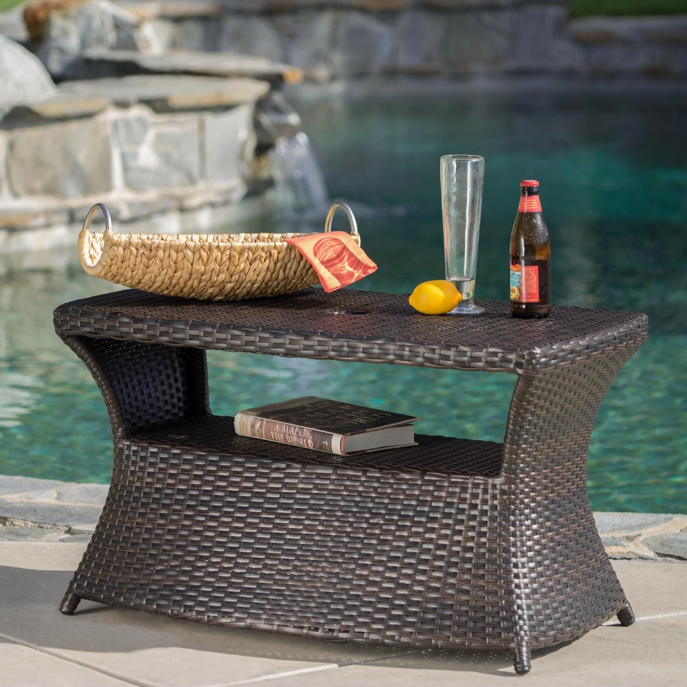 Berkeley Outdoor Wicker Side Table with Umbrella Hole by Christopher Knight Home - 19.5H x 34W x 22D