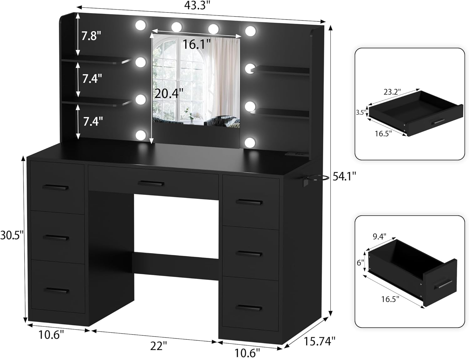 YESHOMY Vanity Desk with Mirror, Power Outlet and 10 Lights, Makeup Table with 7 Drawers, 3 Color Modes Available for Bedroom, Black