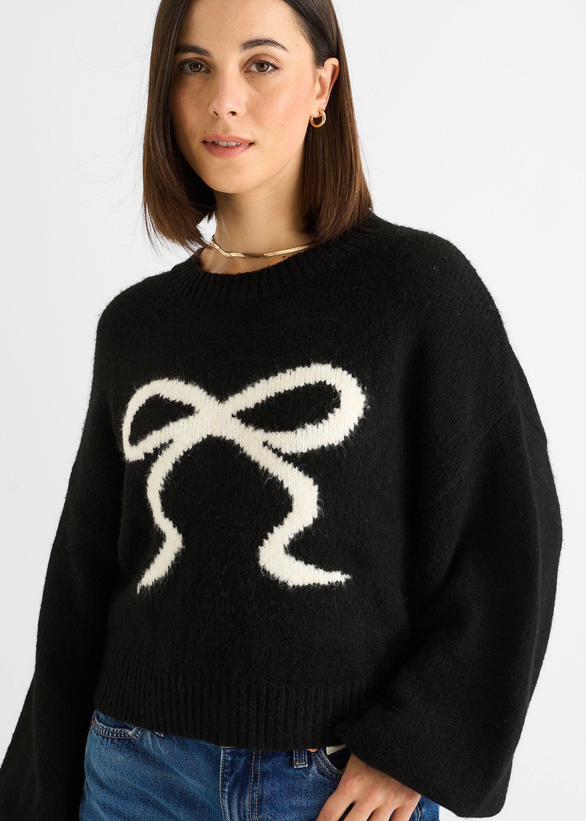 Gini London Black Embossed Contrast Bow Short Knit Jumper