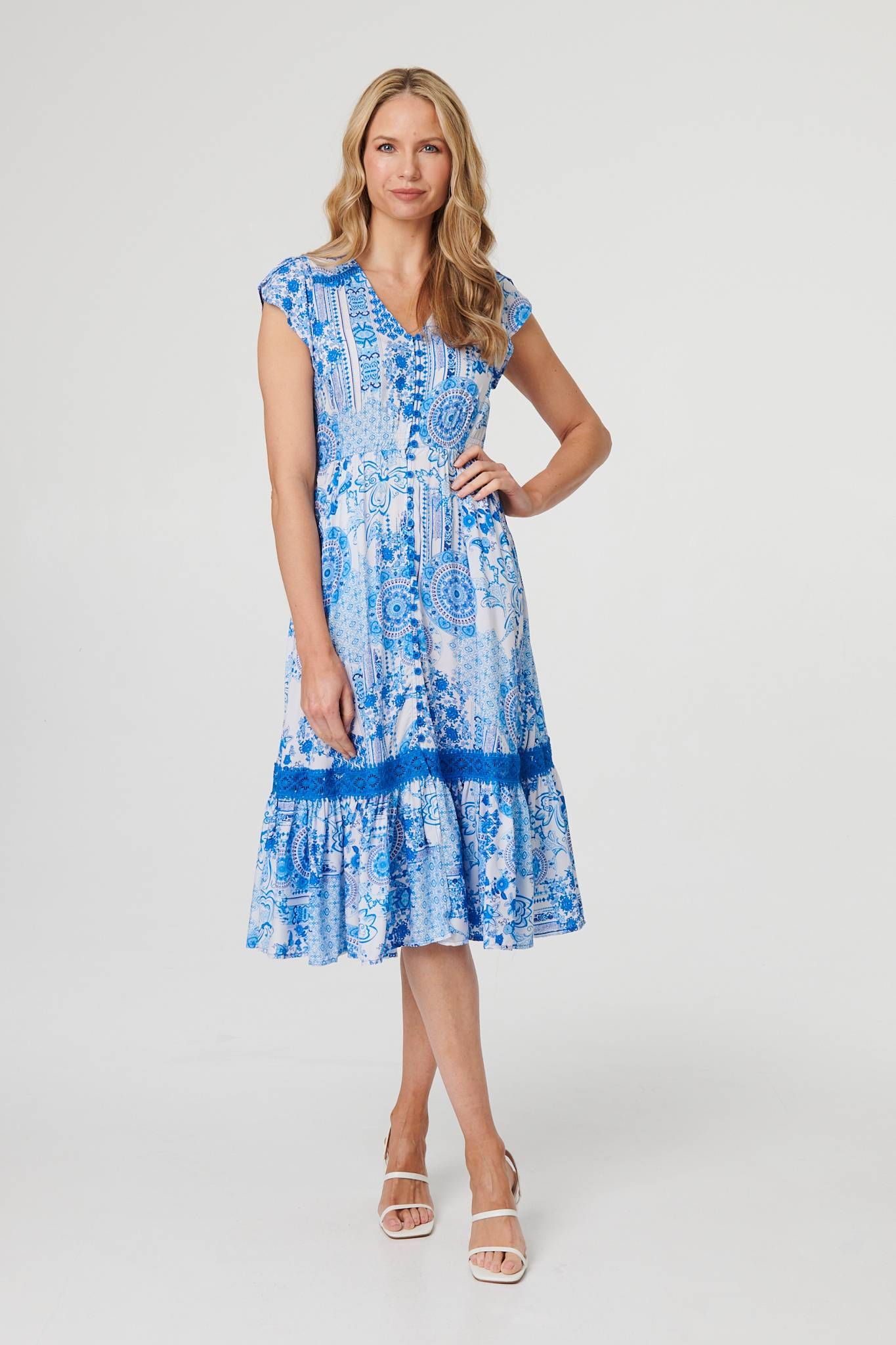 Izabel London Abstract Printed Lace Trim Midi Dress