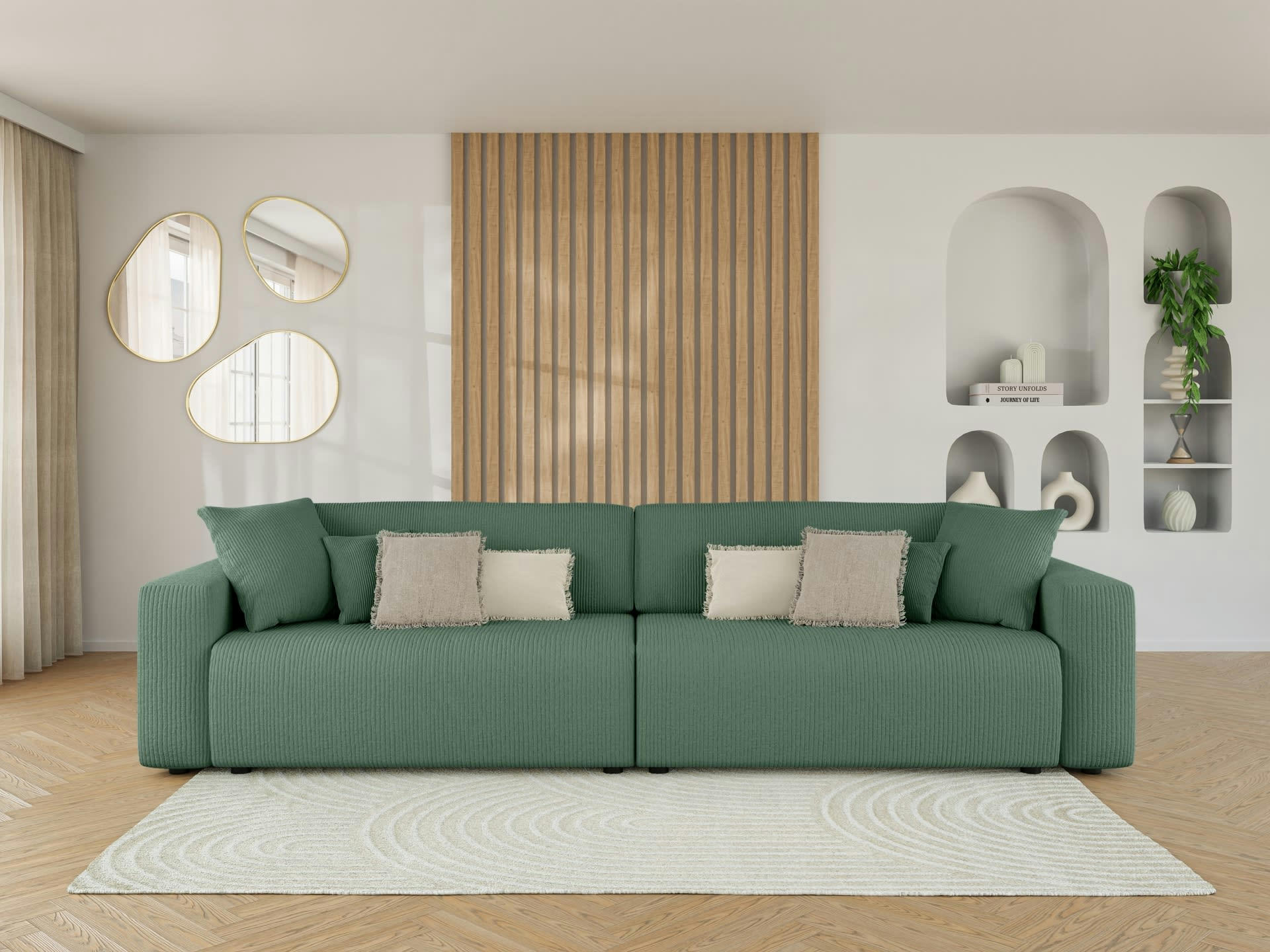 LEO - Canapé droit XL convertible en velours côtelé 5 places vert