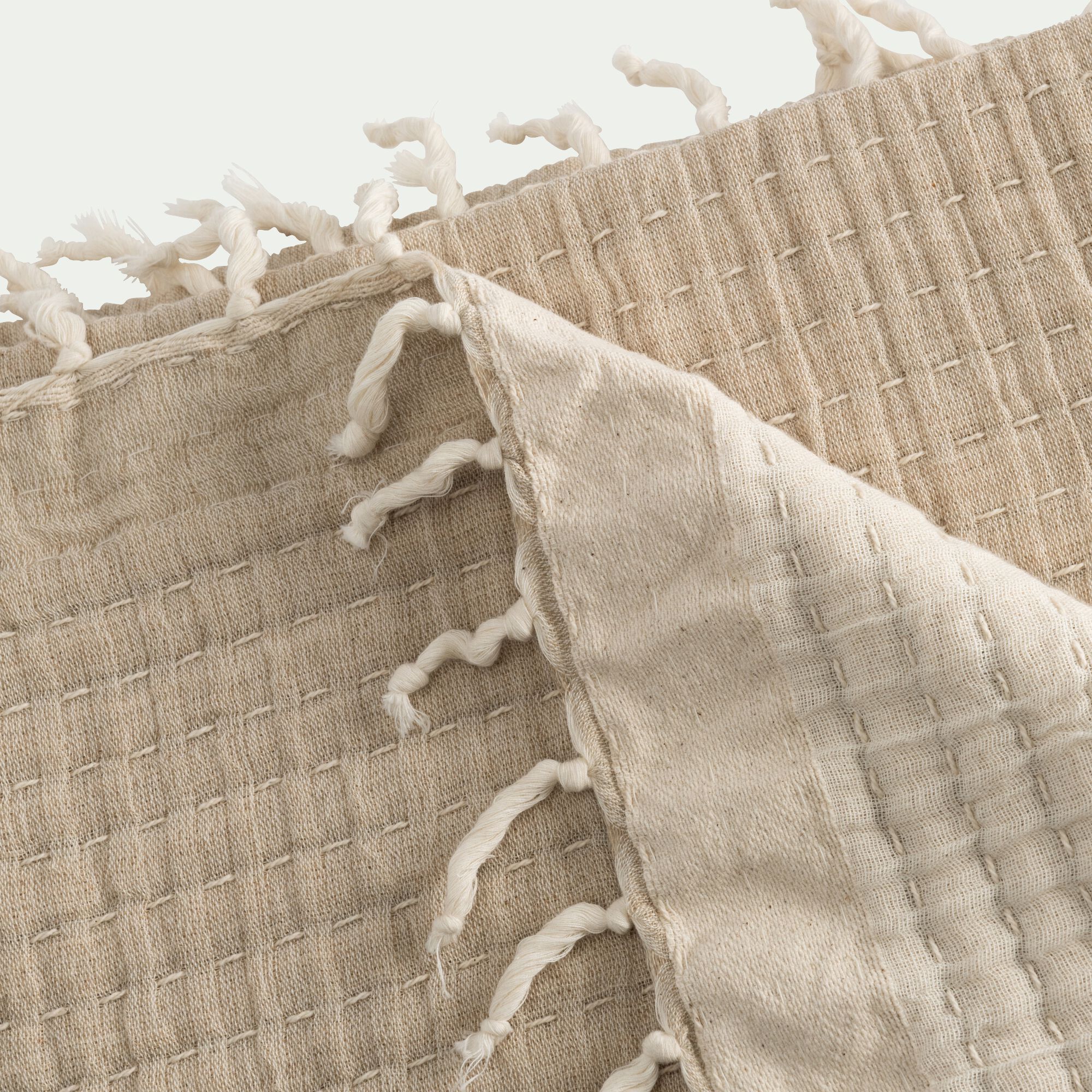 KHANTA - Couvre-lit en coton frangé 230x250cm - beige