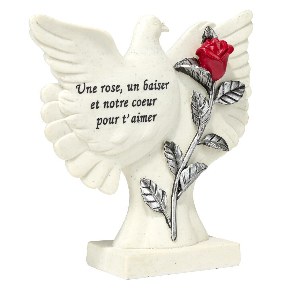 Plaque funéraire inscription oiseau et fleur rose rouge résine blanc 21,5x9xH23cm