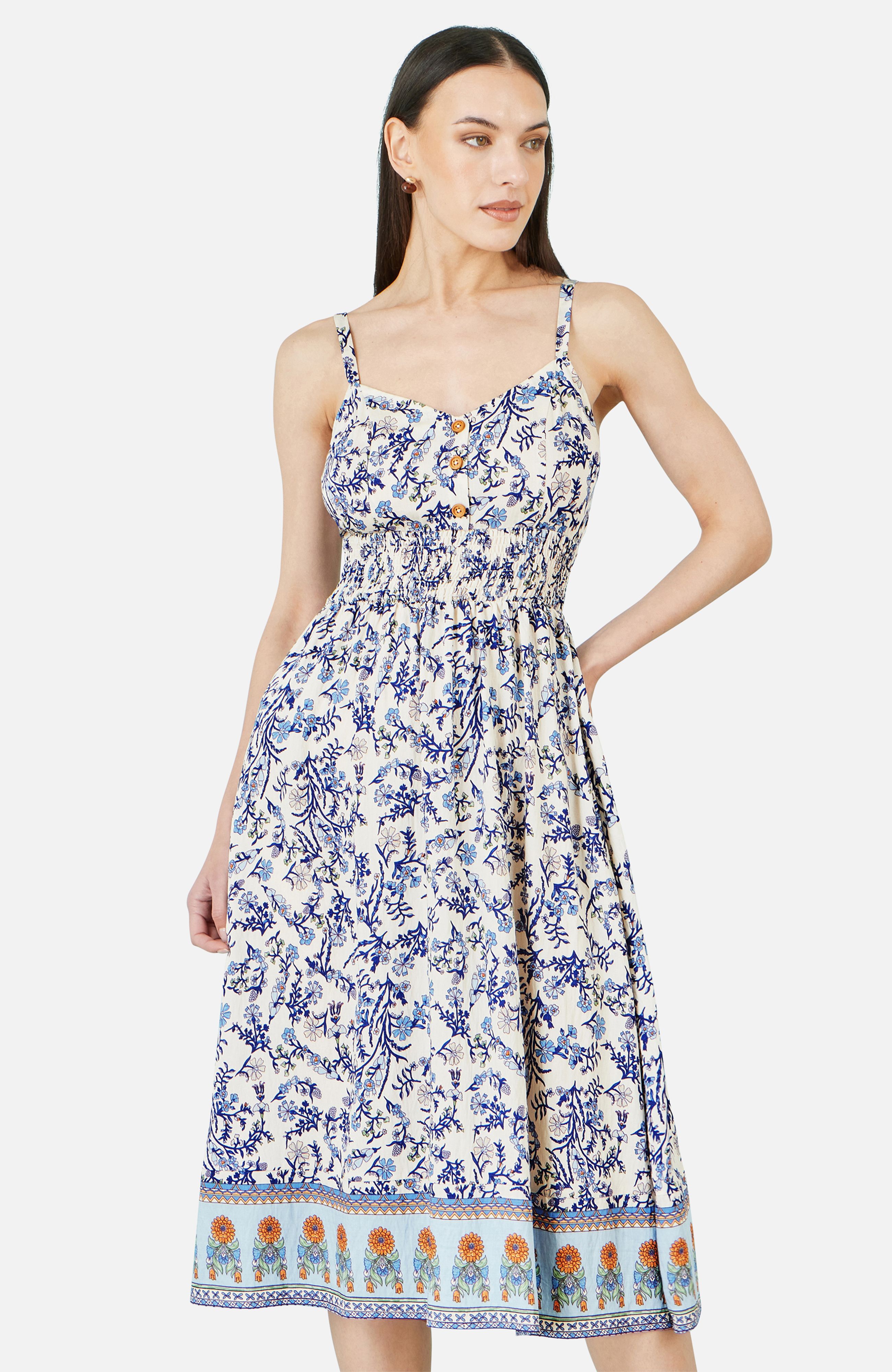 Yumi White Floral Border Print Viscose Midi Sun Dress