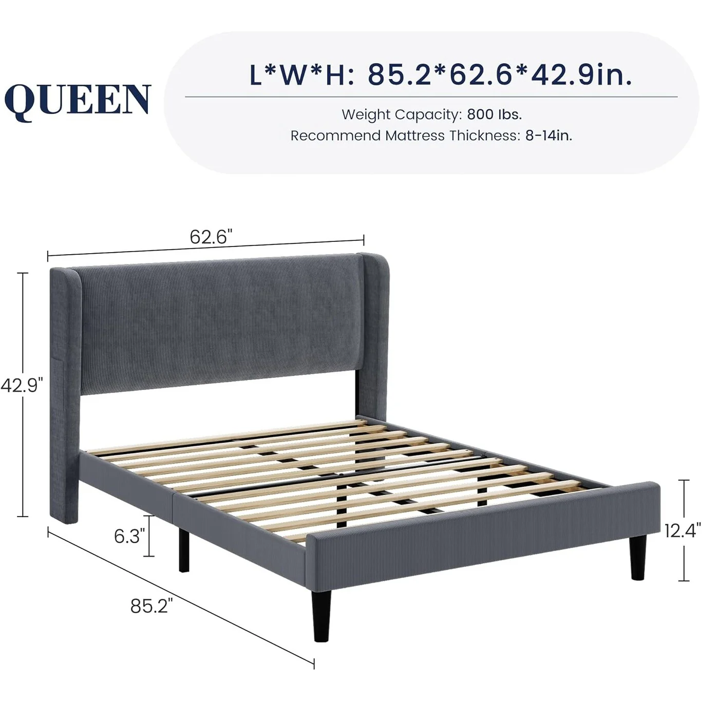 Wooden Bed Frame with Upholstered Headboard