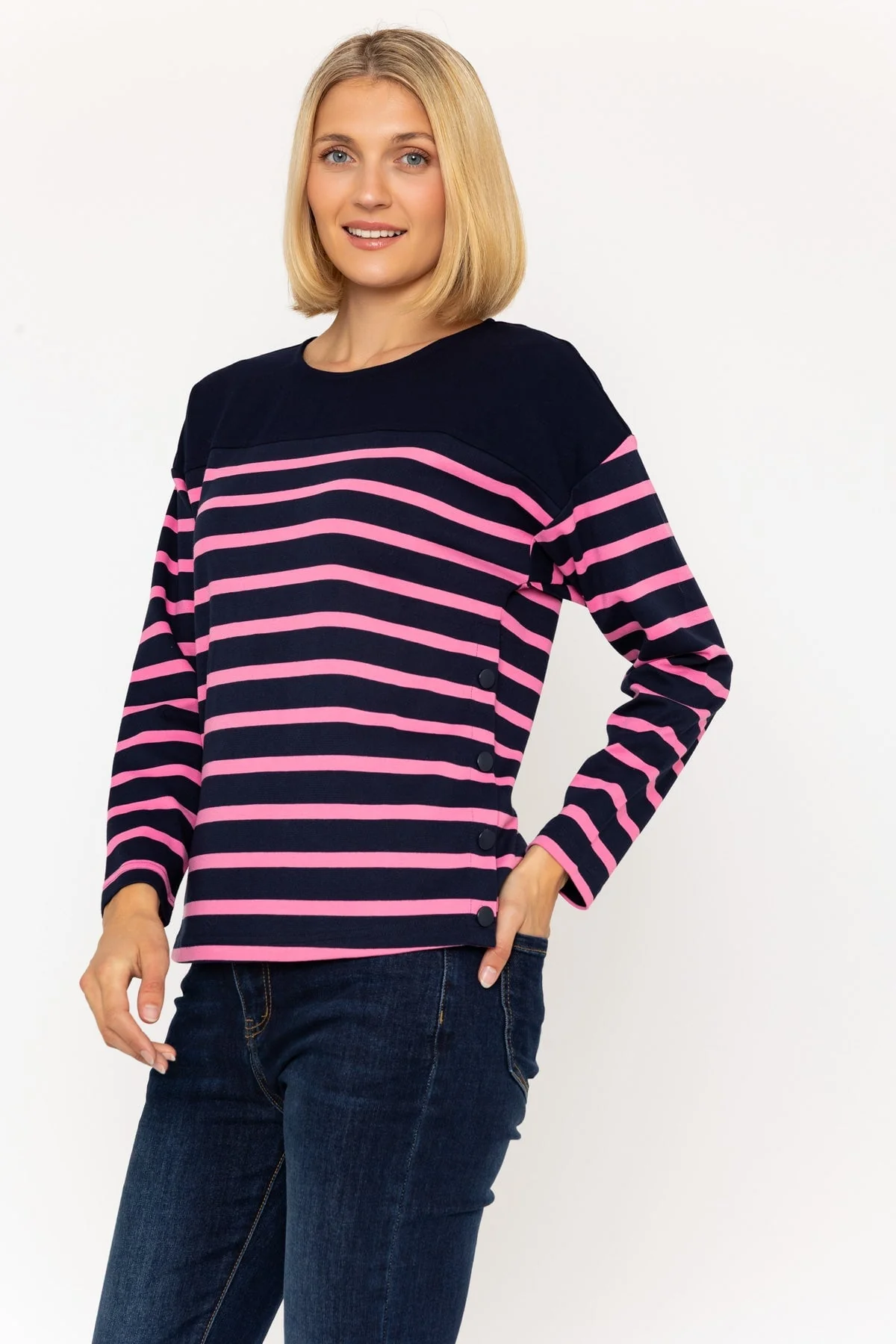 Pink & Navy Striped Jersey Top with Side Buttons