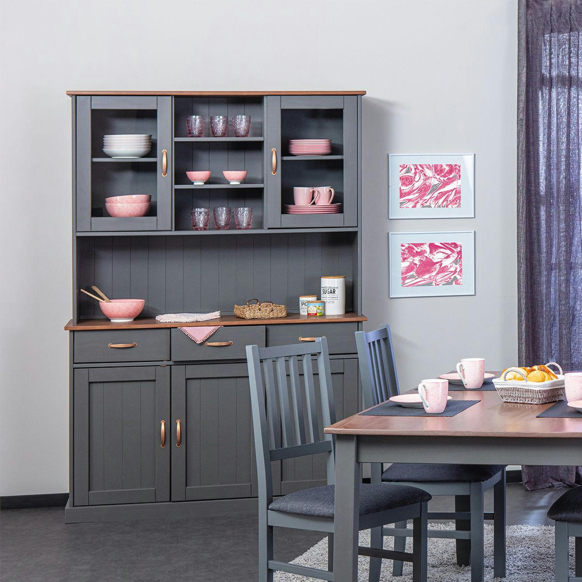 MELINA - Buffet  vaisselier 5 portes 3 tiroirs coloris gris