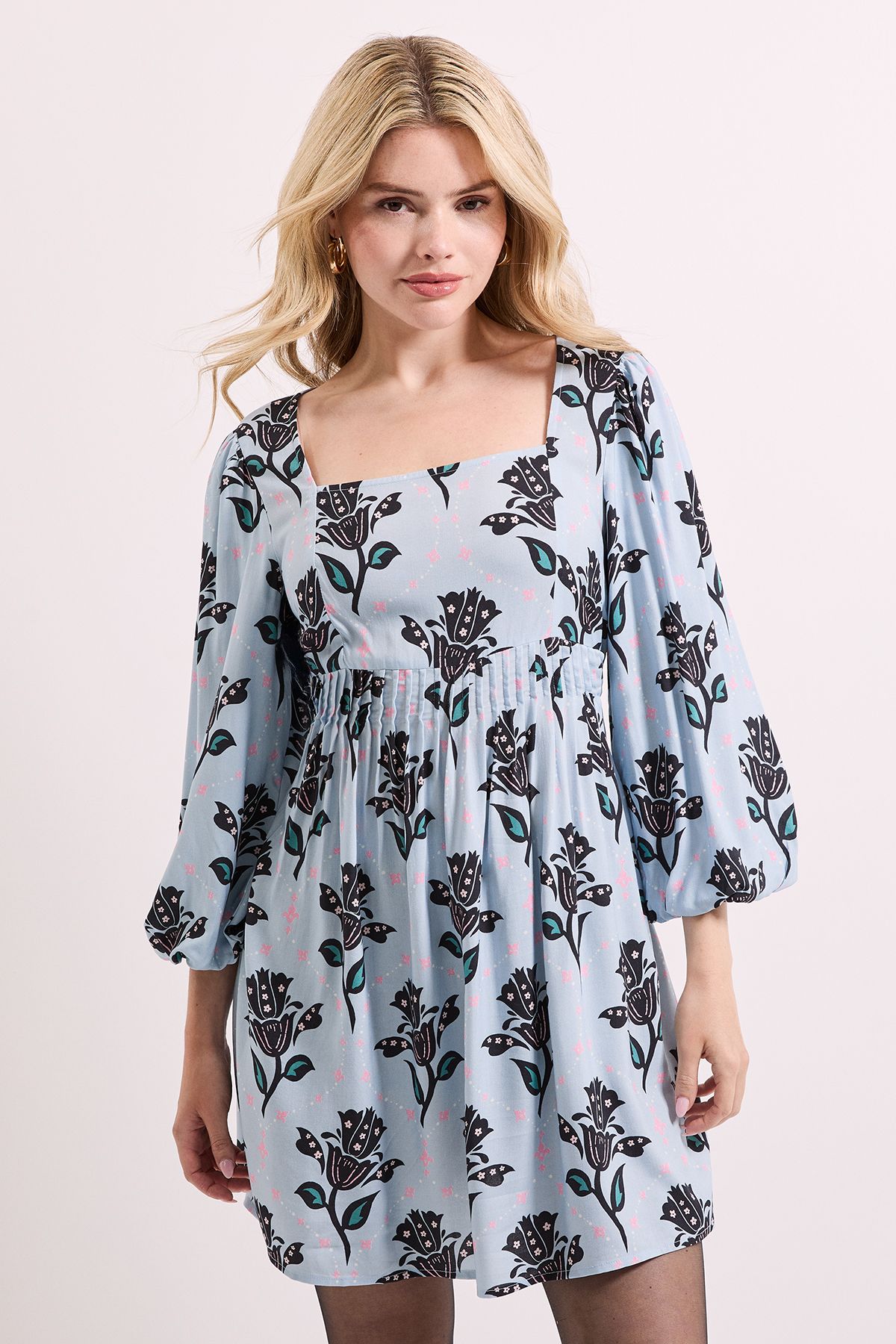 Dorothy Perkins Blue Floral Square Neck Blouson Sleeve Tie Back Mini Dress