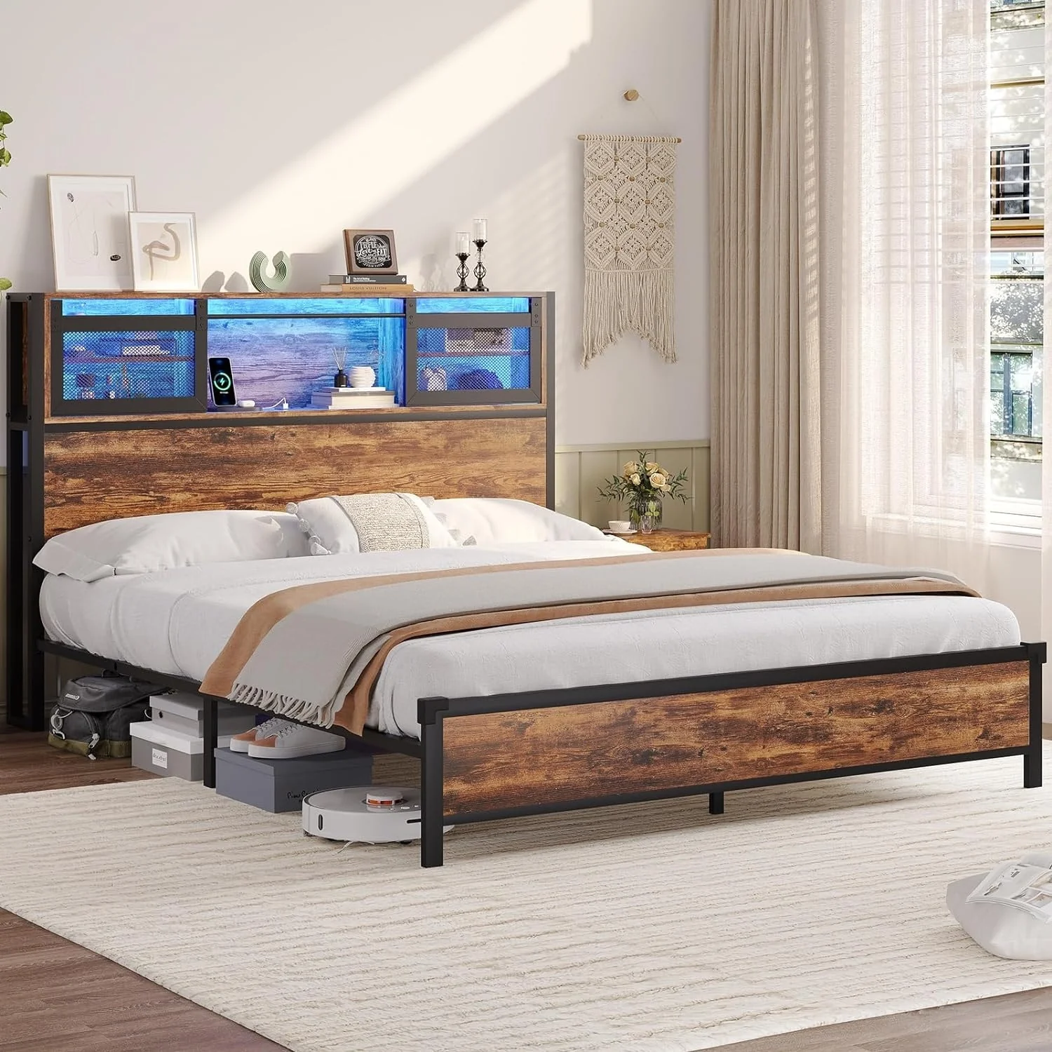 Bed Frame with Storage Headboard & Type-C Charging Station