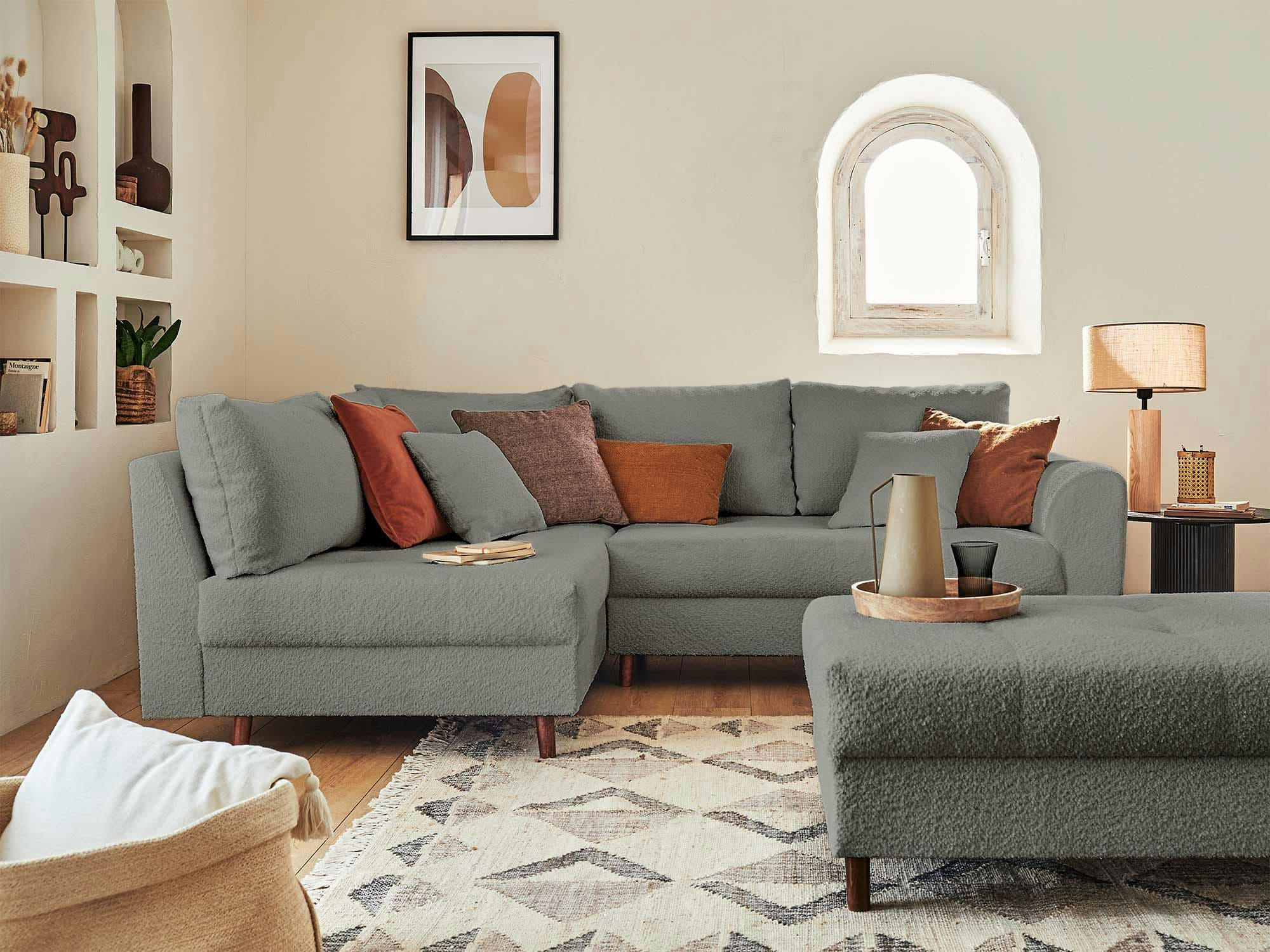 RUNE - Canapé d'angle gauche convertible 4 places en tissu bouclette gris