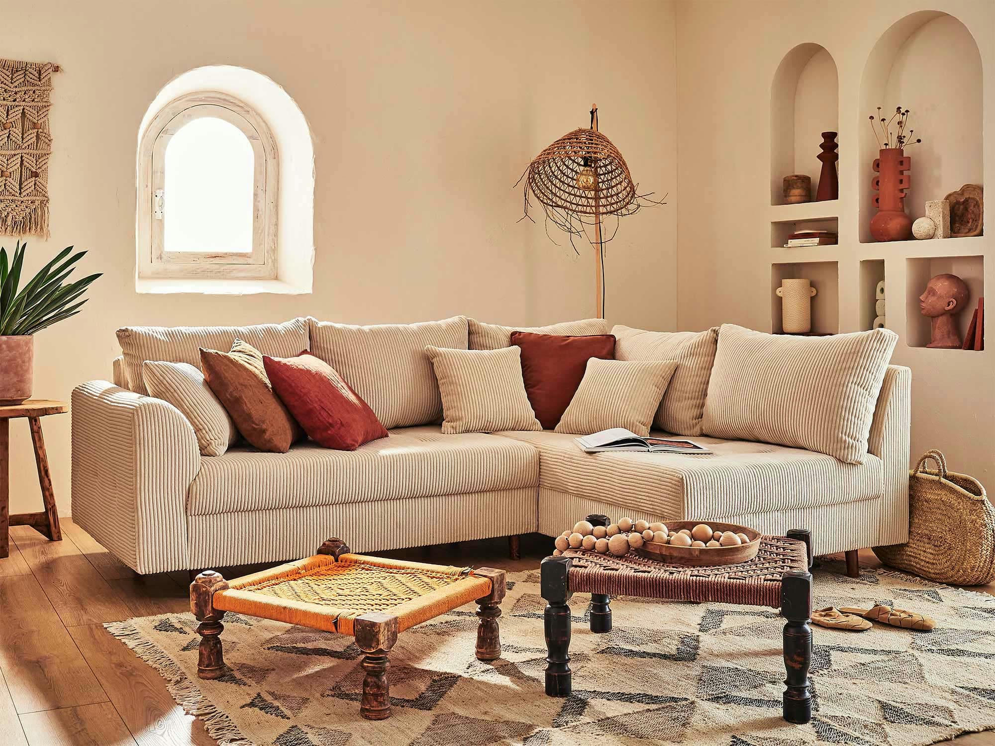 RUNE - Canapé d'angle droit 4 places en velours côtelé beige