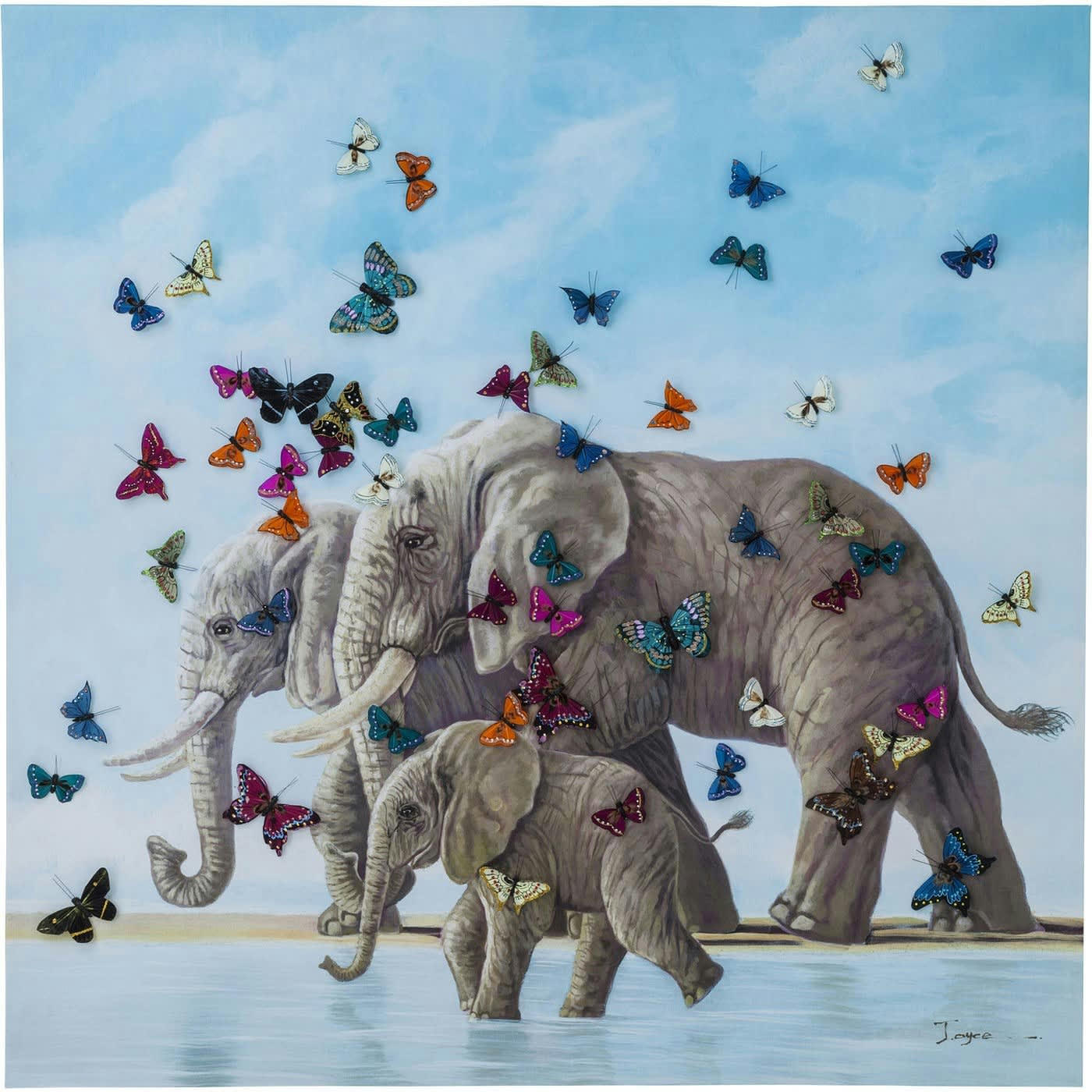 - Toile éléphants papillons en relief 120x120