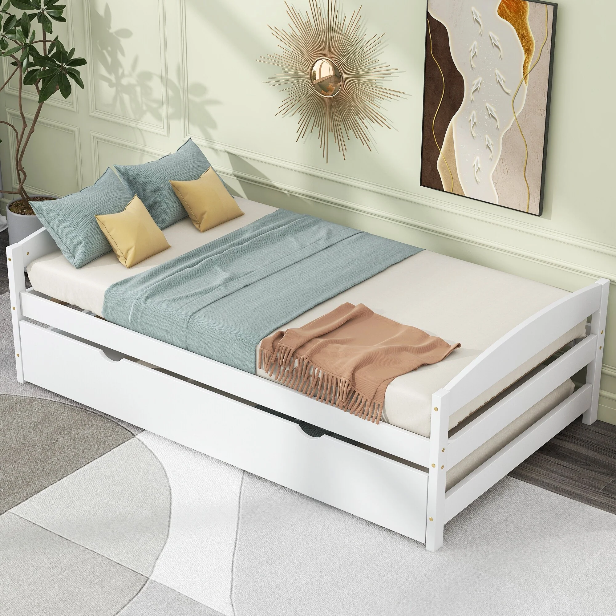 Twin Size Platform Bed with Trundle, Space-Saving Design, Durable Construction