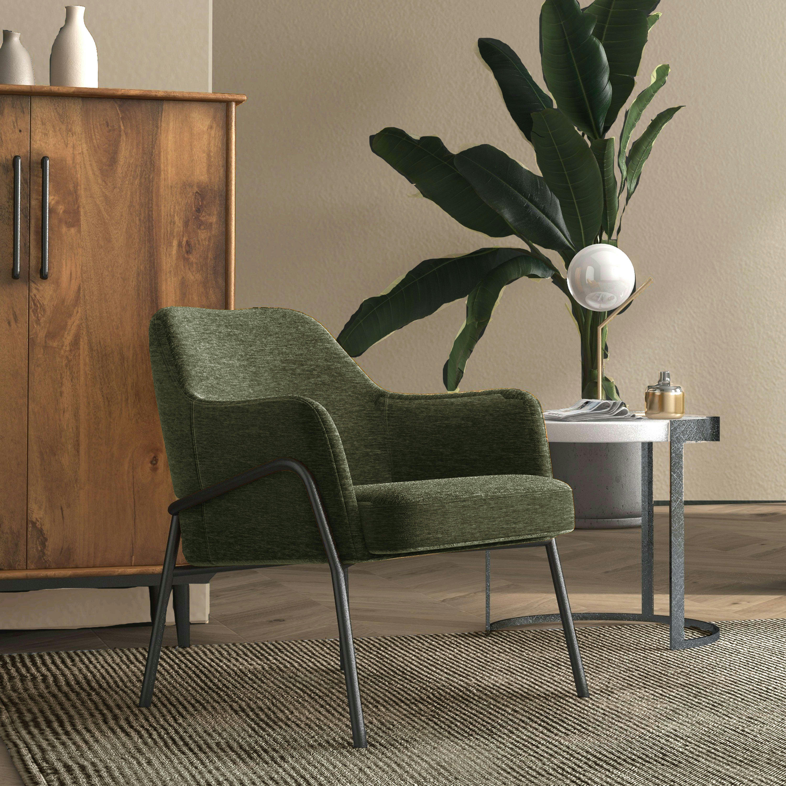 LAYTON - Fauteuil lounge, tissu chenillé Sauge et métal noir mat