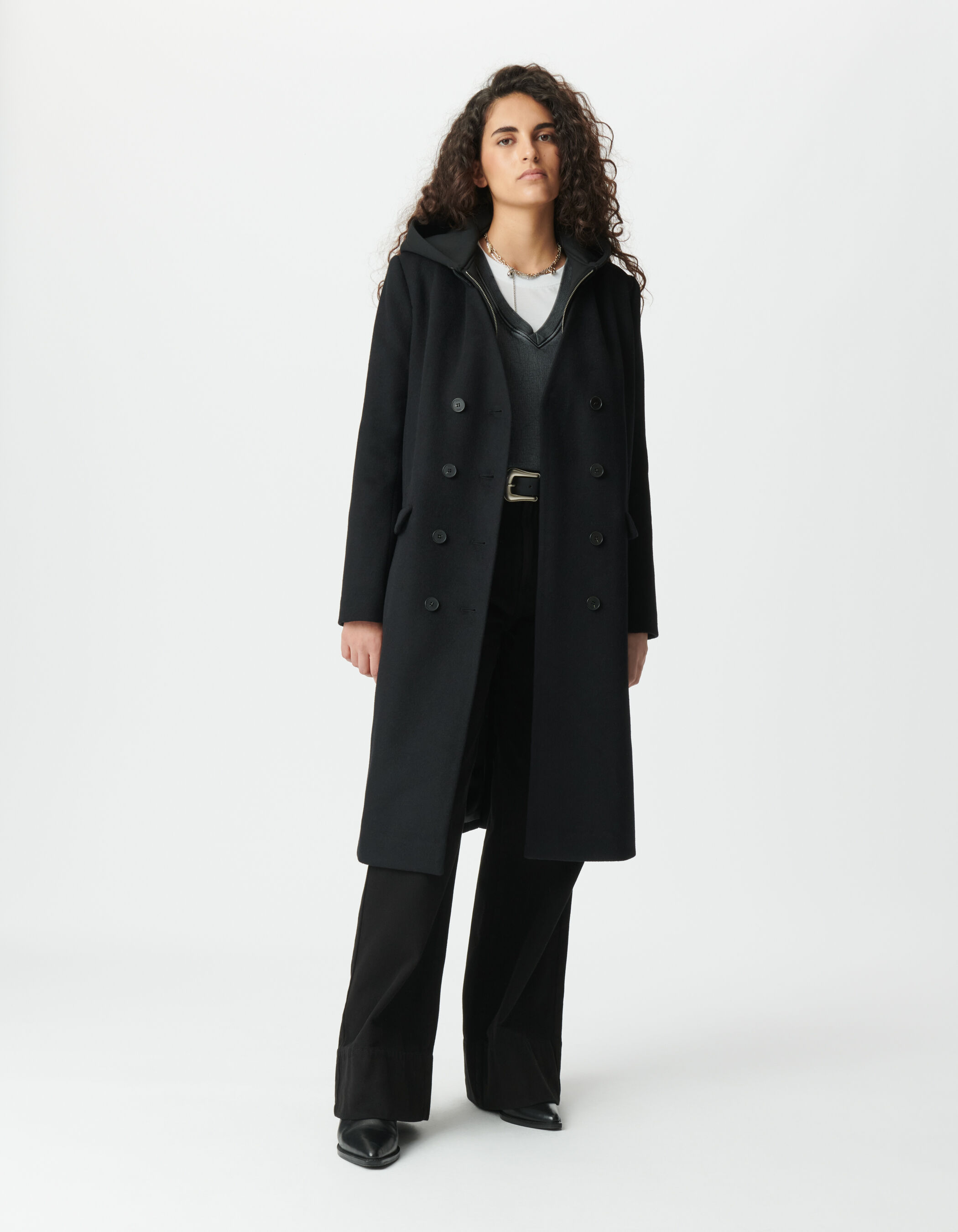 Manteau long noir parementure à capuche amovible Femme