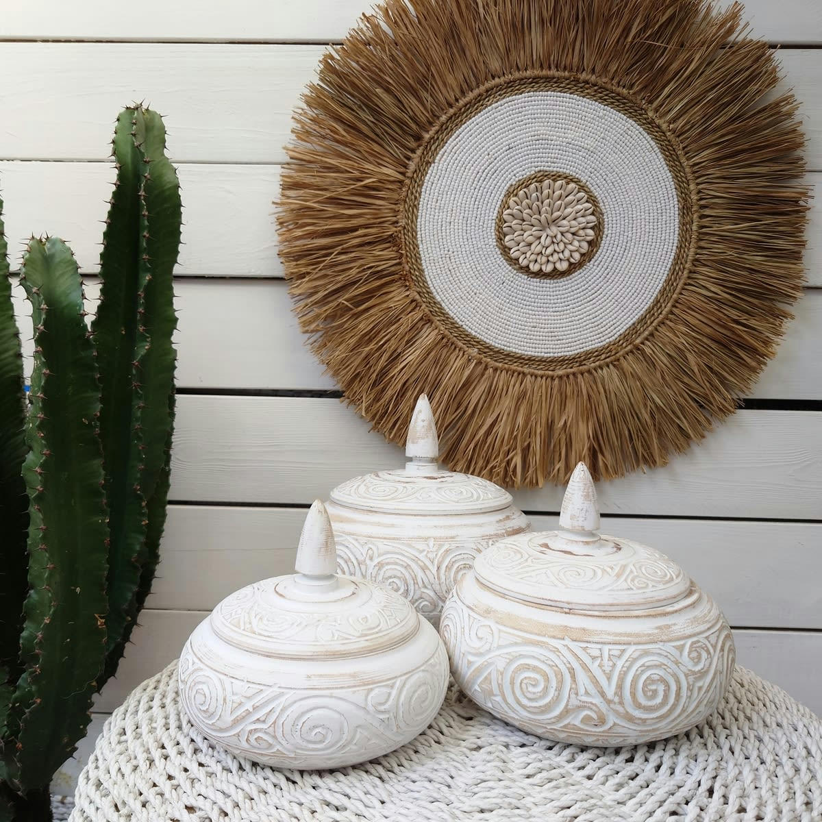 ZARA - Boîtes en bois sculpté, blanc - Lot de 3