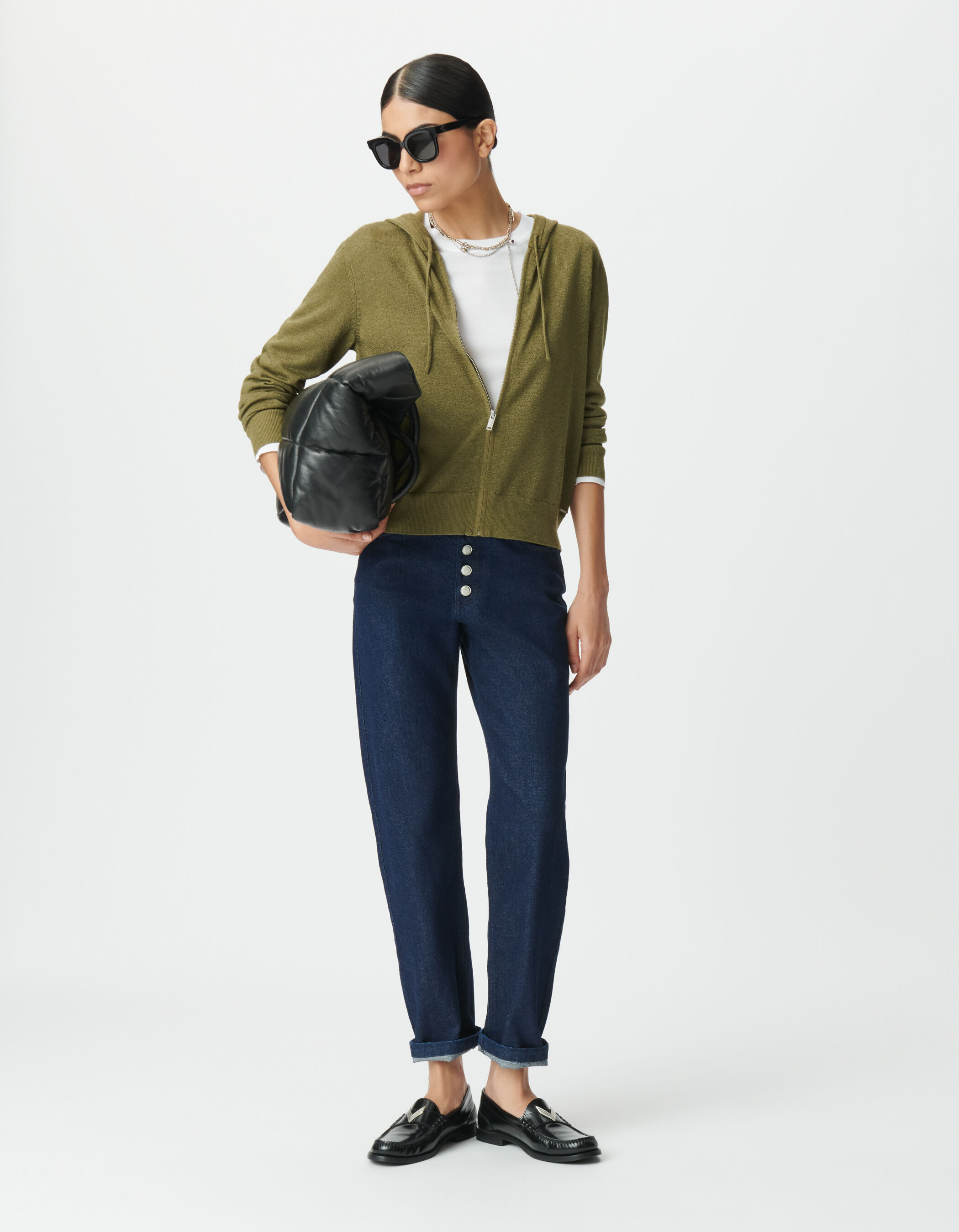 Cardigan à capuche kaki tricot lurex chevron dos Femme