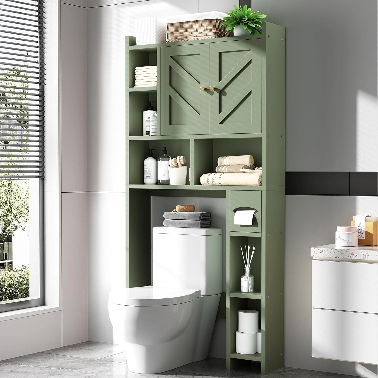 Meilocar Over The Toilet Storage Cabinet, 64.6 Tall Bathroom Organizer Space Saver with Toilet Paper Holder & Adjustable Shelf, Freestanding Wood Cabinet for Small Space, Green