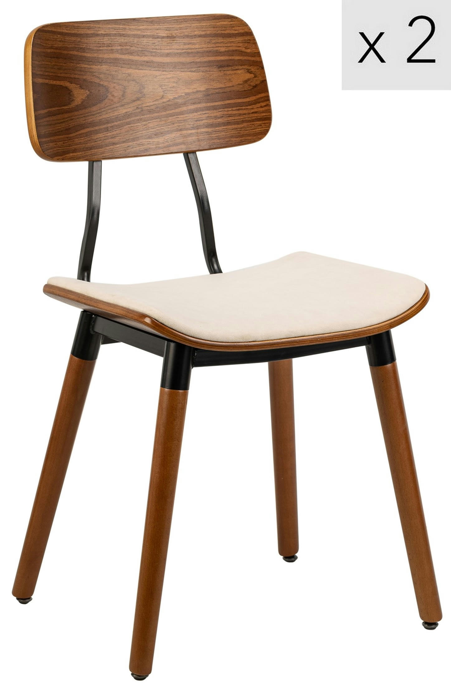 - Lot de 2 chaises en bois et velours beige