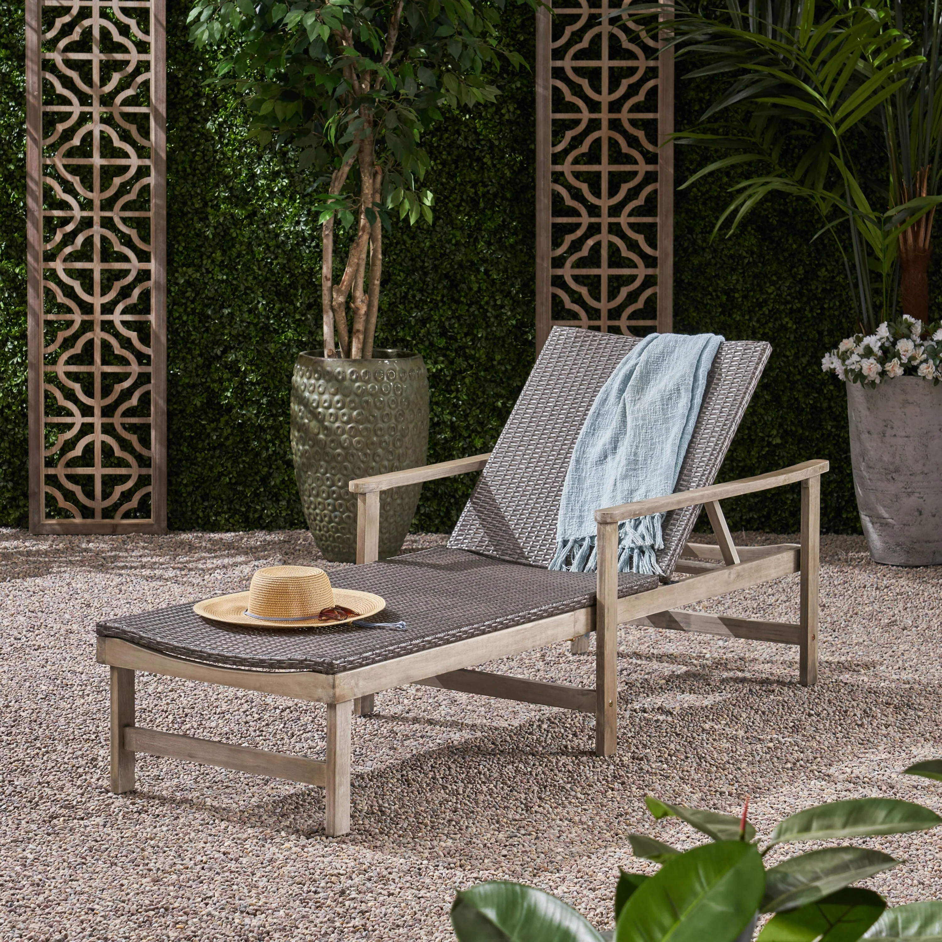 Outdoor Wooden Chair with 5-Position Adjustable, Weather-resistant Patio Chaise Lounge Chair with Armrests