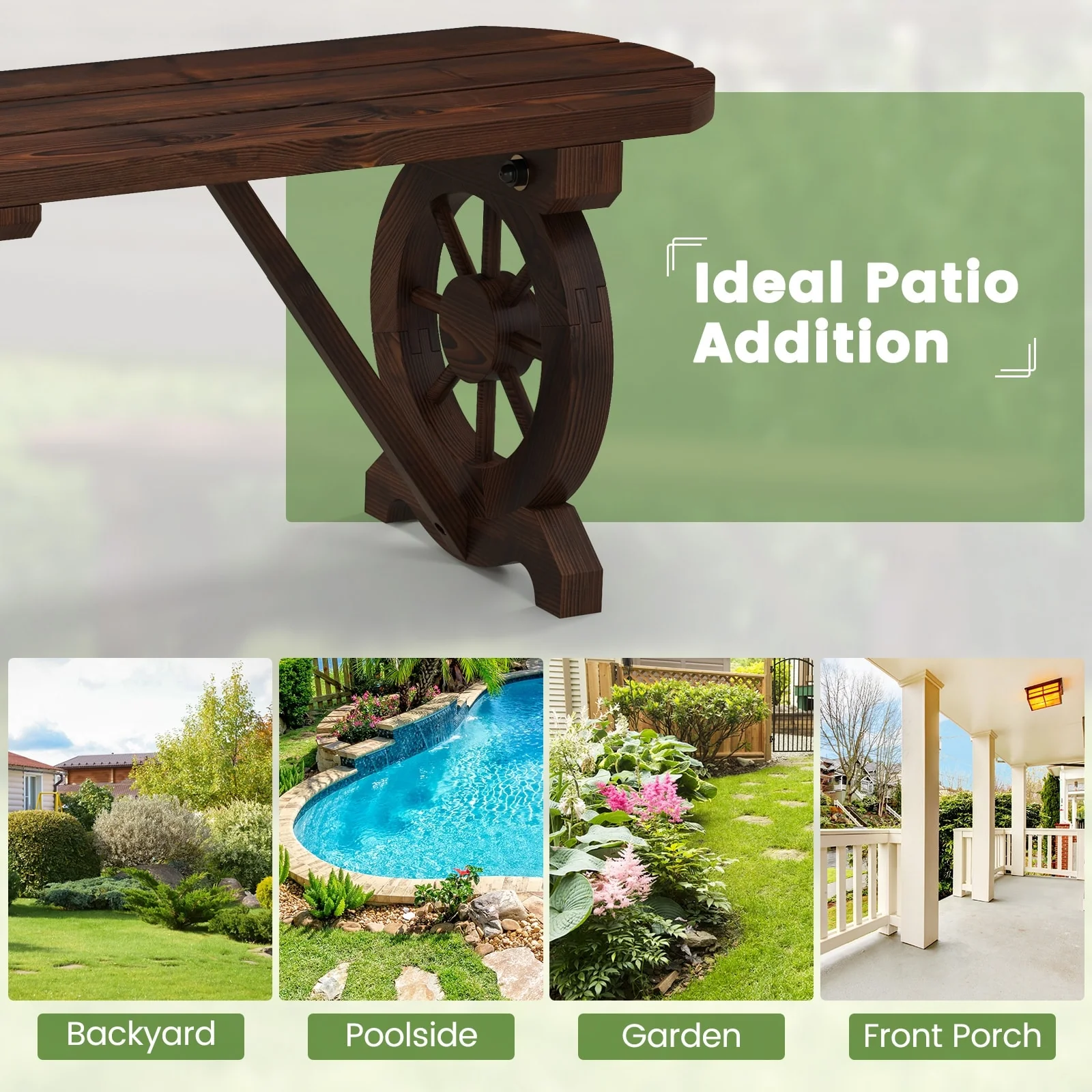 Gymax Rustic Wood Bench w/ Wagon Wheel Base Slatted Seat Design 710