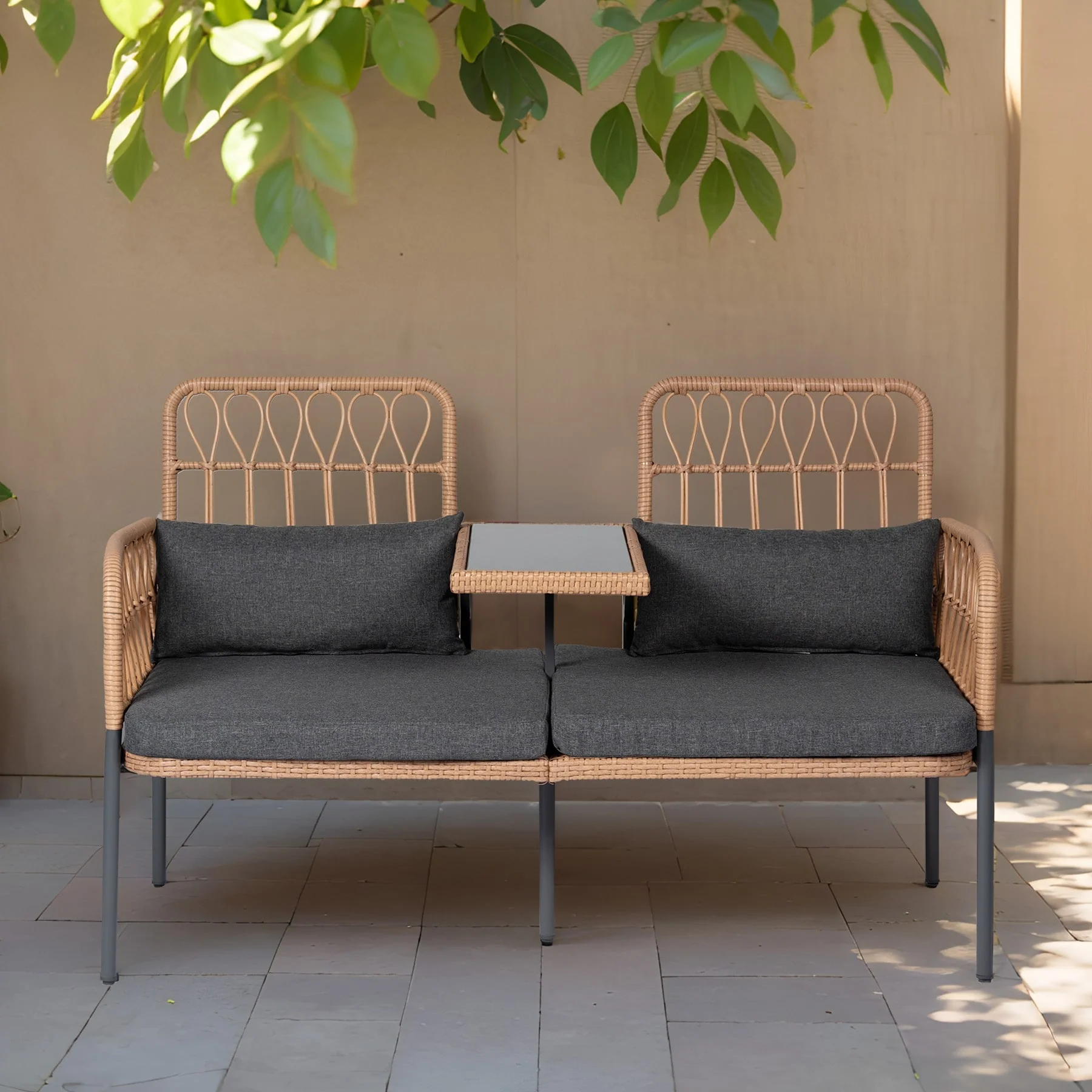 Outdoor Woven Rattan Loveseat Conversation Furniture Set with Cushions