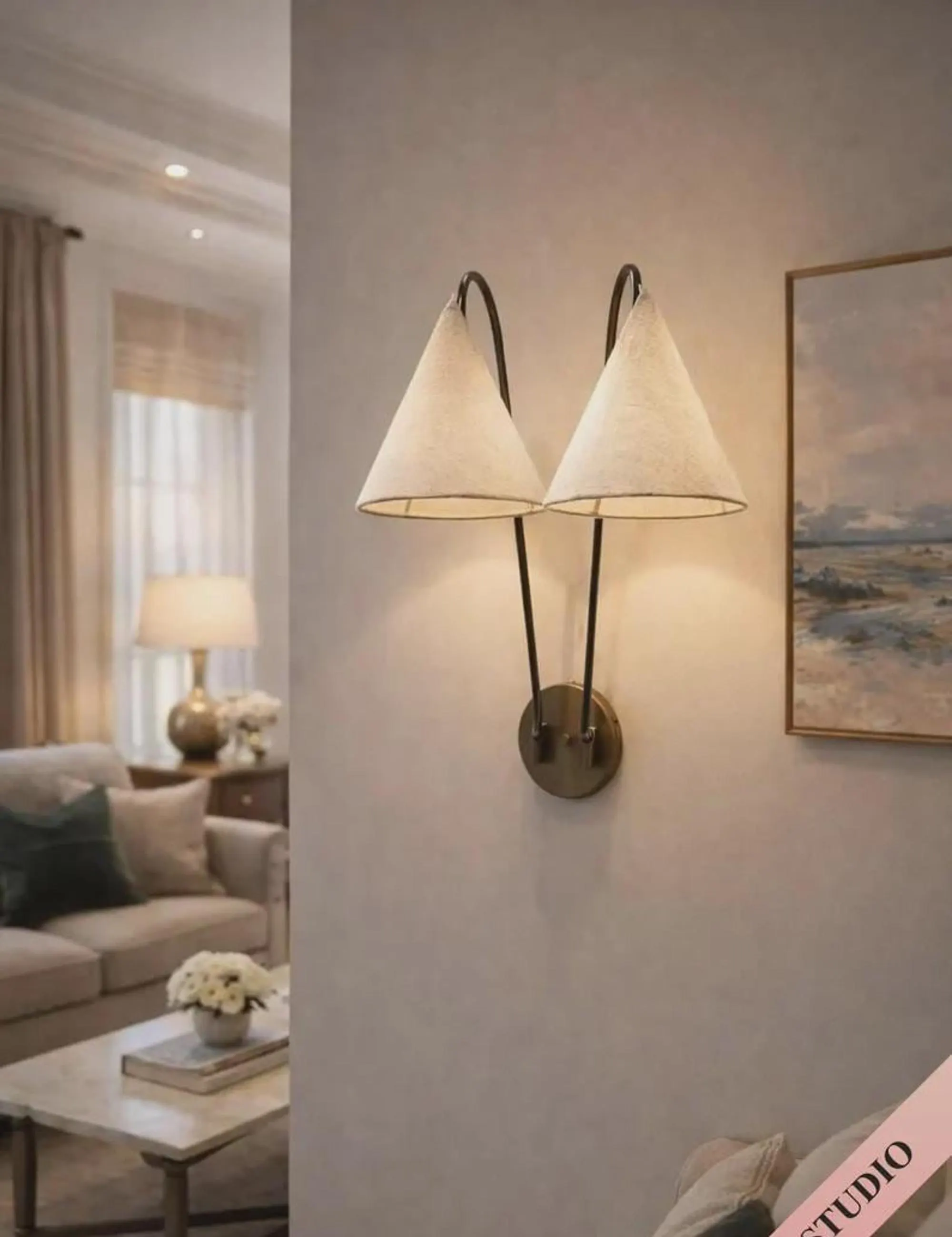 Adjustable Double Brass Wall Sconce, Linen Shade, Gold Hardware