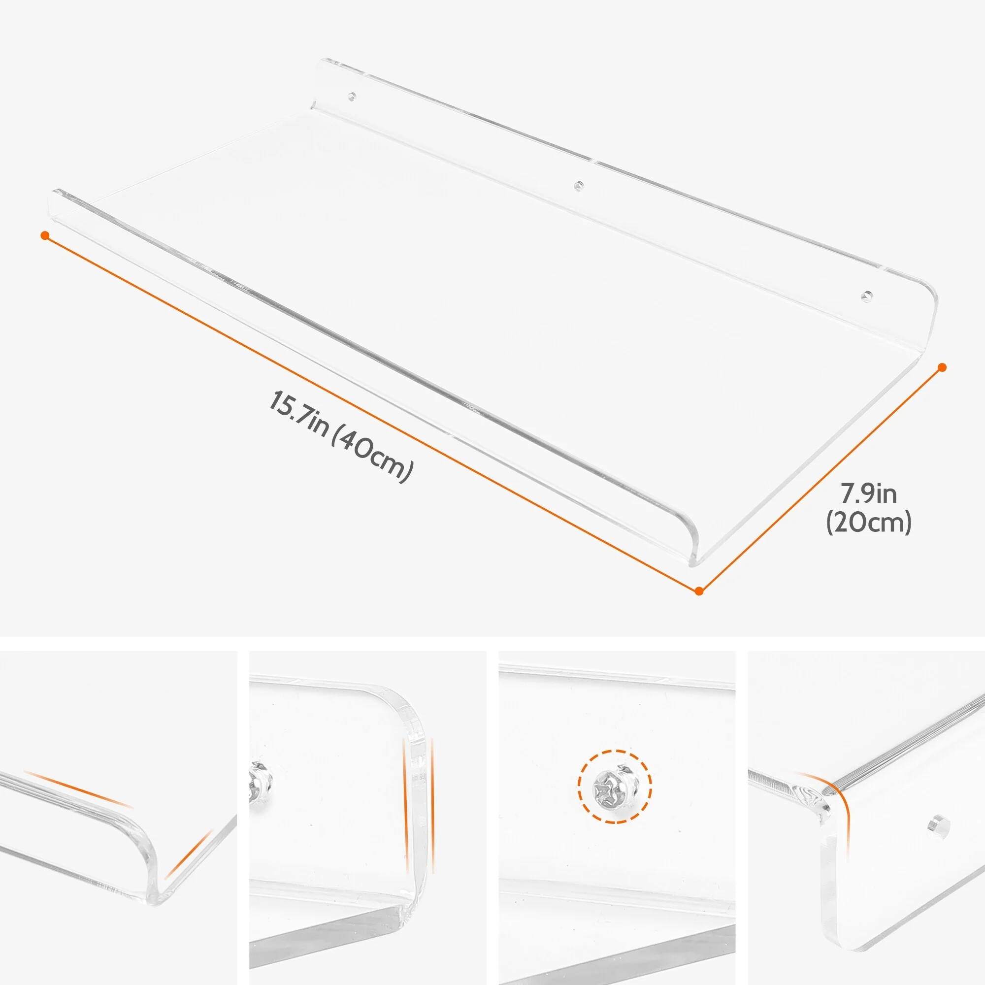 Acrylic Floating Shelves for Wall Mounted, Clear Acrylic Shelves for Bedroom and Kitchen Room Wall Display Shelf Clear