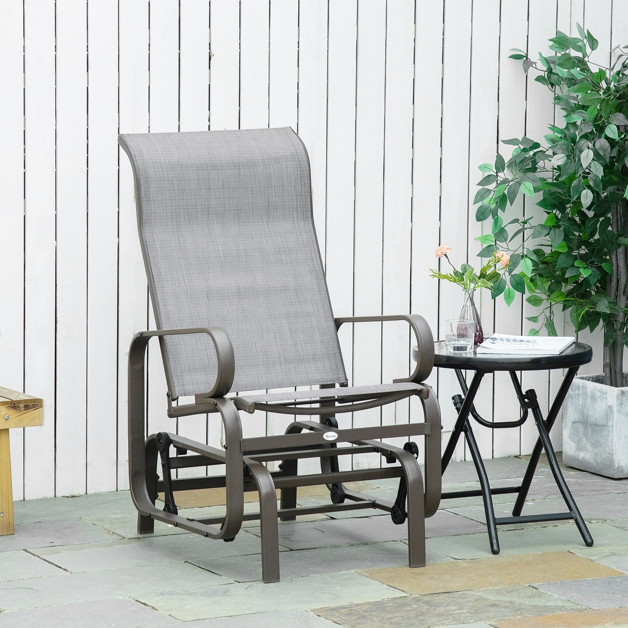 Outsunny Single Glider Patio Swing Rocking Chair with Breathable Mesh, Smooth Arms for Backyard, Garden, Lawn, Grey