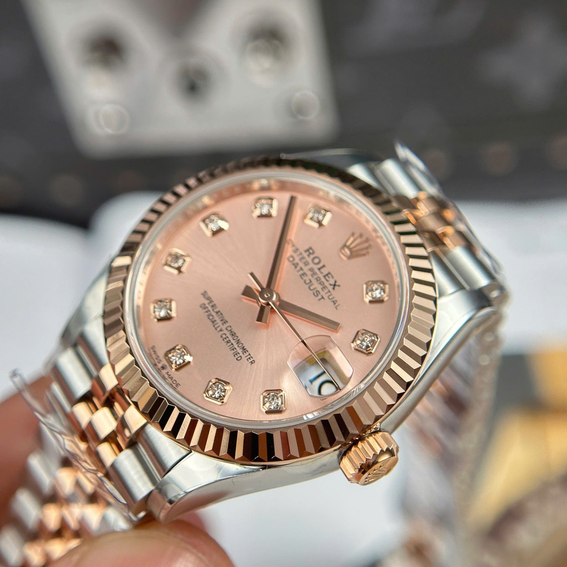 Rolex Datejust SS/RG Plated Fluted Pink Dial CZ Diamonds 31mm Jub AAA Replica