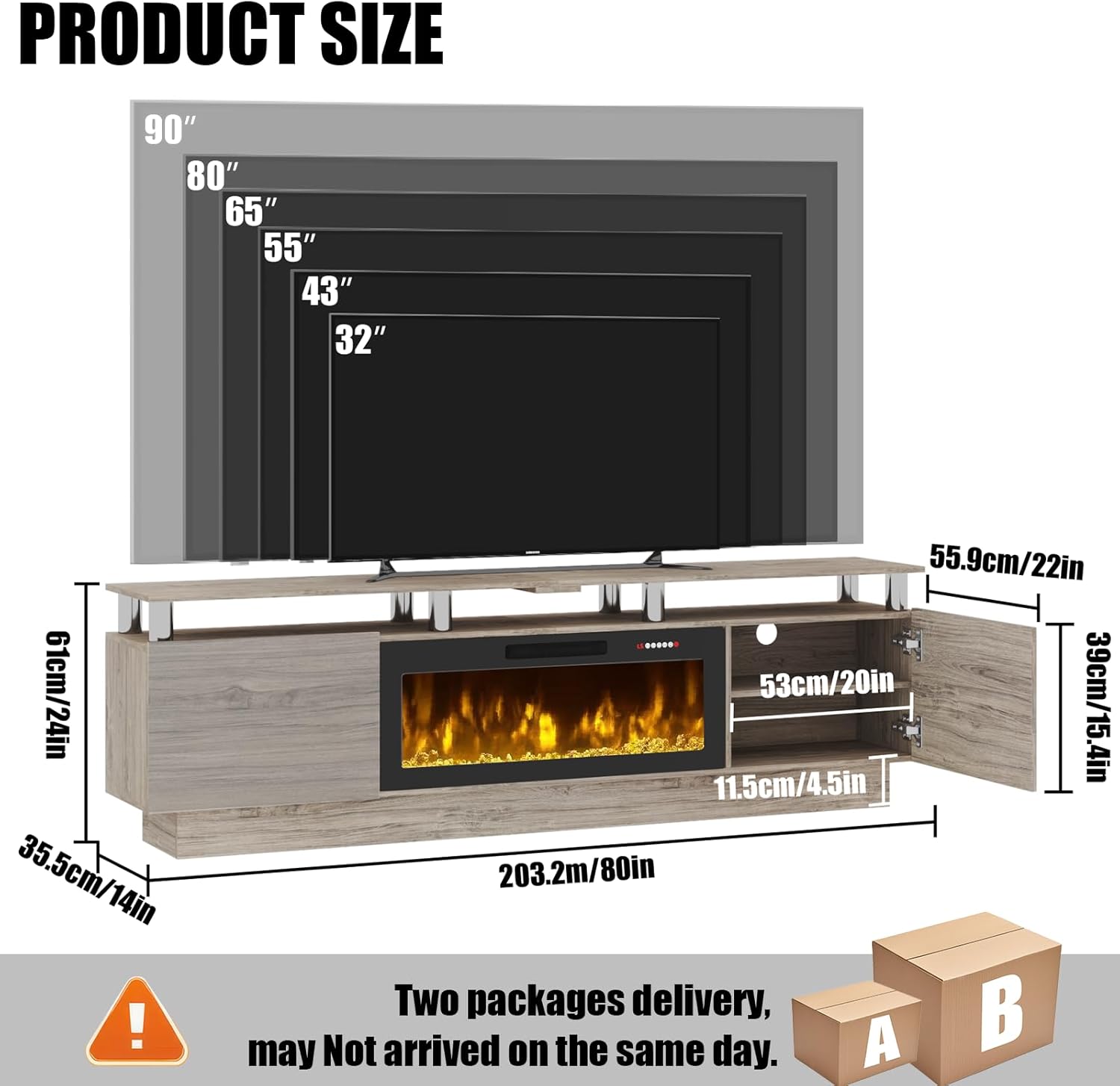 80 Modern Fireplace TV Stand with 36 Electric Fireplace for TVs Up to 90 inch, Luxury LED Light Entertainment Center with High Gloss Cabinet, TV Consoles for Living Room, Grey